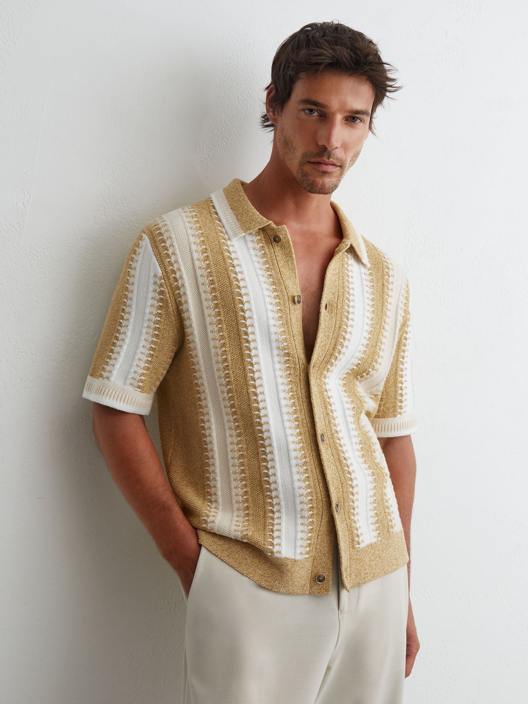 Stitch-Detail Stripe Knitted Shirt with Cotton in Yellow/White - Image 1 of 6 Stitch-Detail Stripe Knitted Shirt with Cotton in Yellow/White - Image 1 of 6