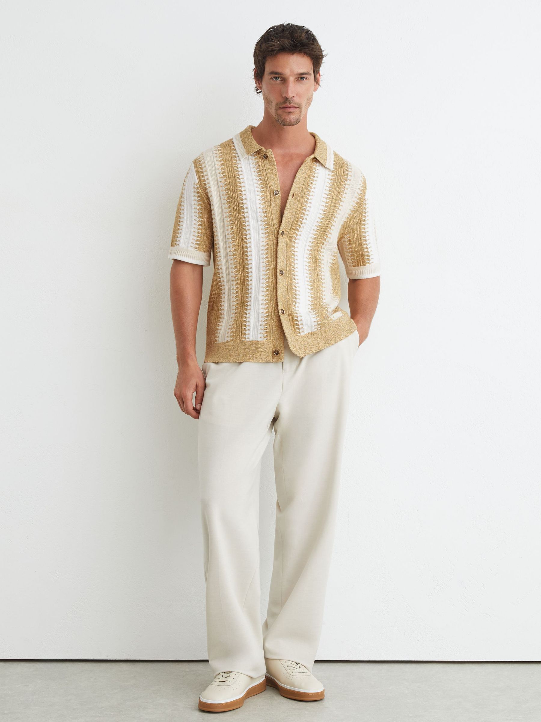 Stitch-Detail Stripe Knitted Shirt with Cotton in Yellow/White - Image 3 of 6
