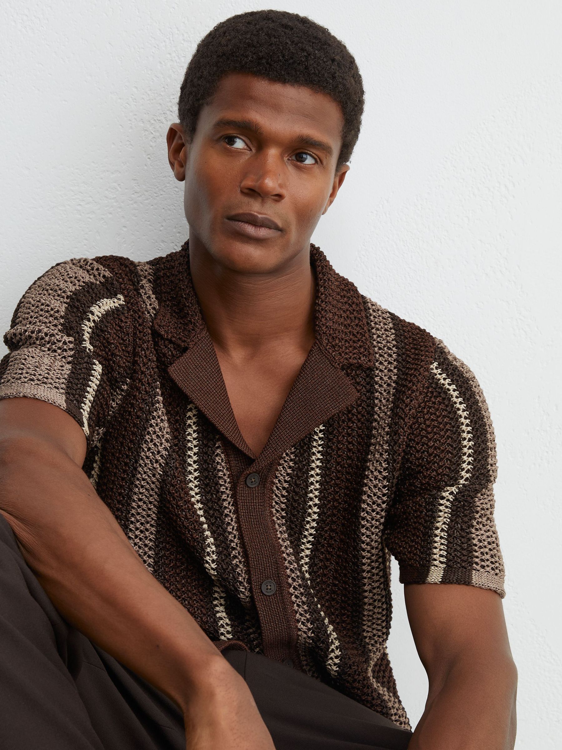 Crochet Stripe Cuban-Collar Shirt in Chocolate Brown - Image 1 of 6