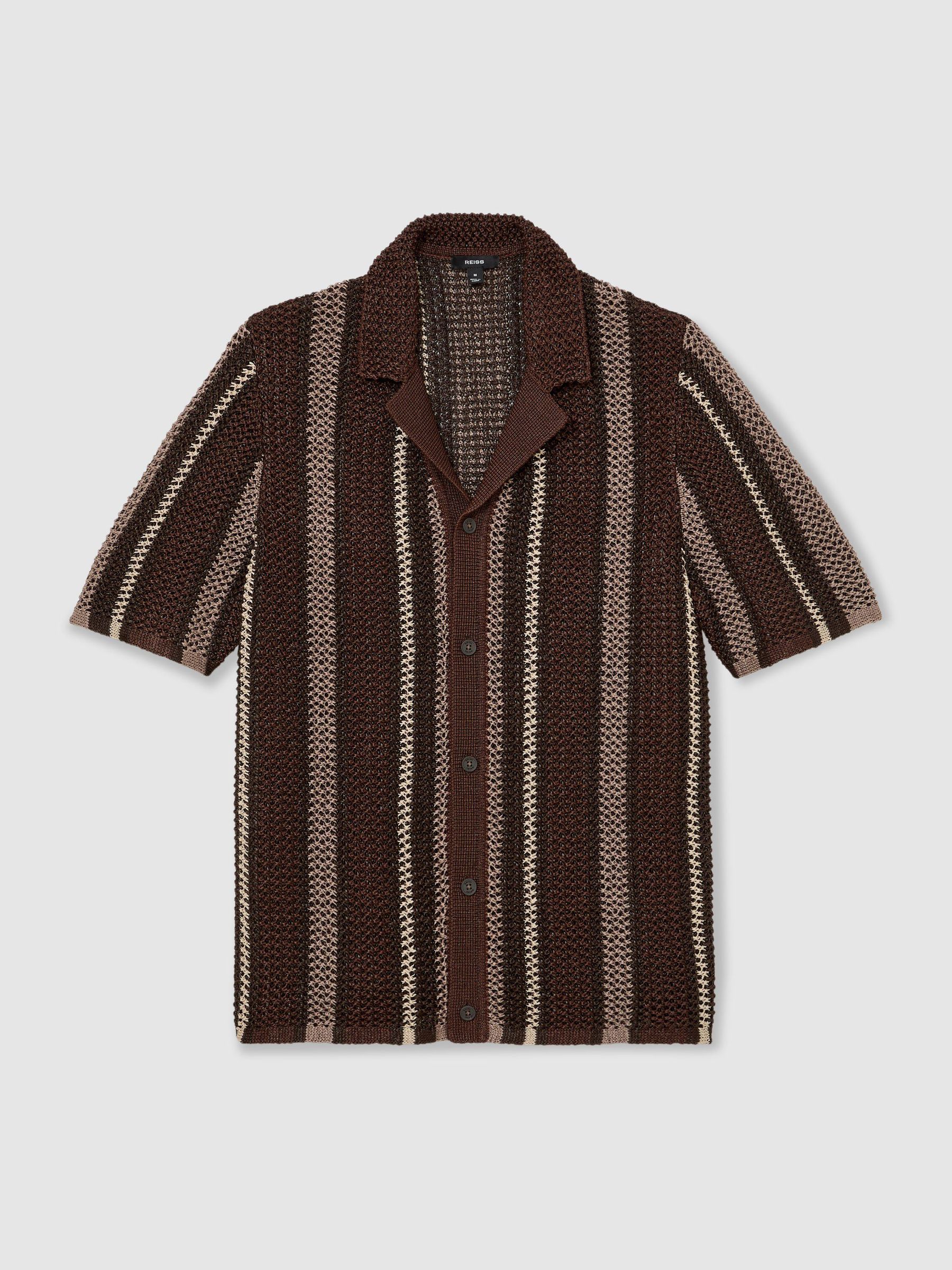 Crochet Stripe Cuban-Collar Shirt in Chocolate Brown - Image 2 of 6