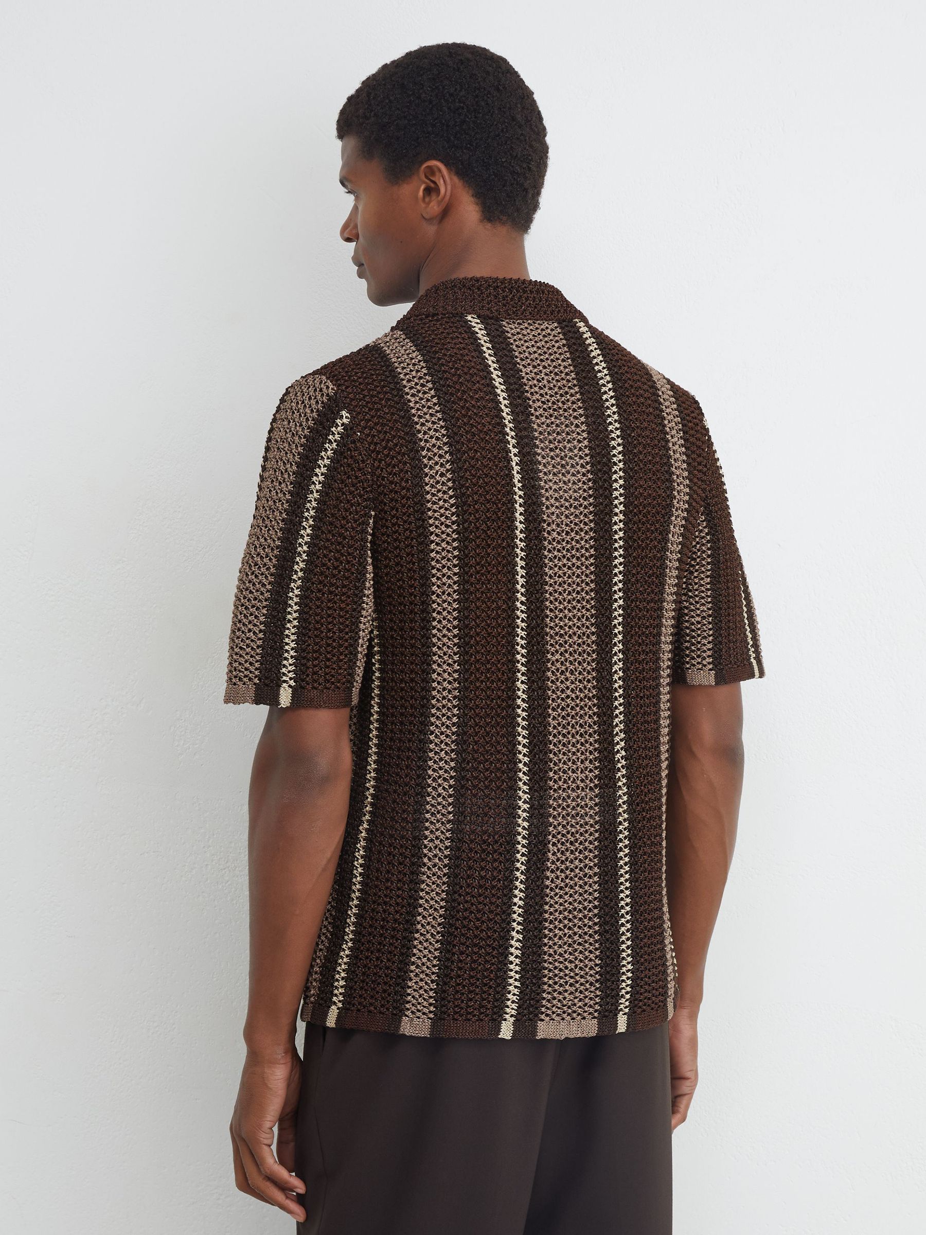 Crochet Stripe Cuban-Collar Shirt in Chocolate Brown - Image 4 of 6