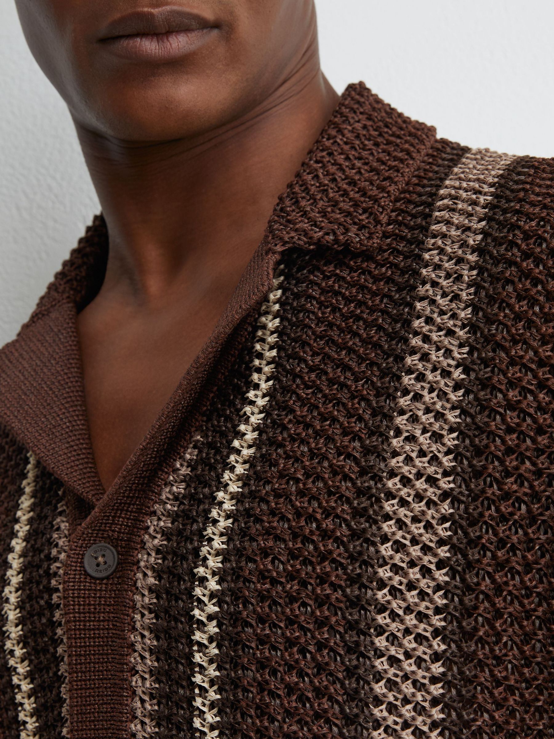Crochet Stripe Cuban-Collar Shirt in Chocolate Brown - Image 5 of 6