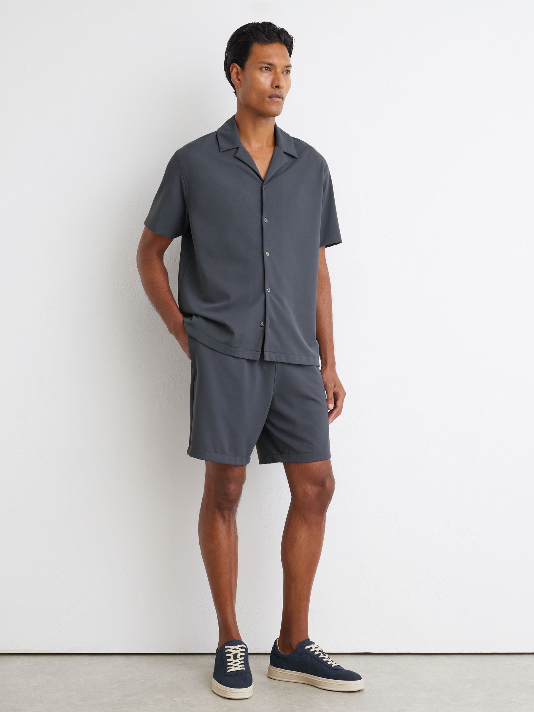 Stretch Textured Drawstring Shorts in Airforce Blue - Image 1 of 6 Stretch Textured Drawstring Shorts in Airforce Blue - Image 1 of 6