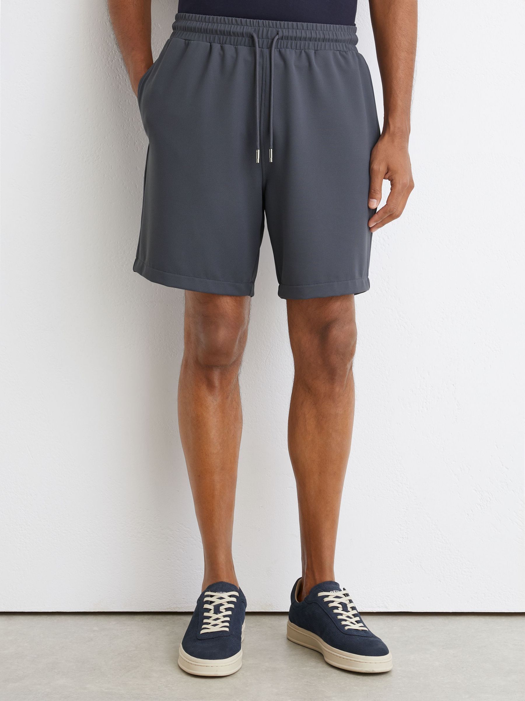 Stretch Textured Drawstring Shorts in Airforce Blue - Image 3 of 6