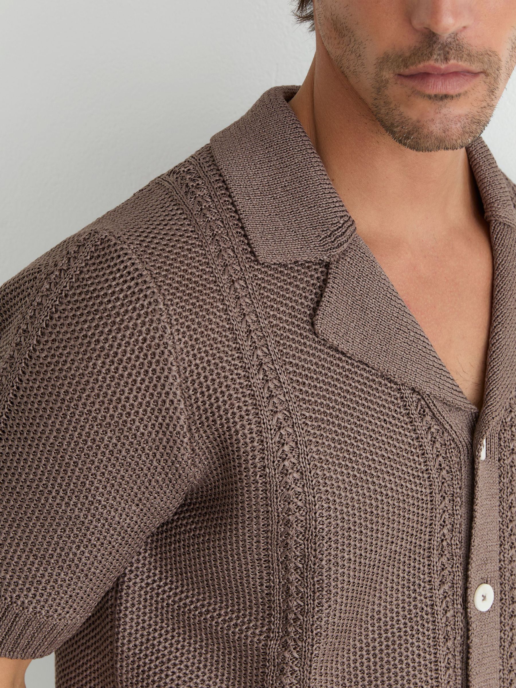 Open-Stitch Cuban-Collar Knitted Shirt in Taupe Brown - Image 1 of 6