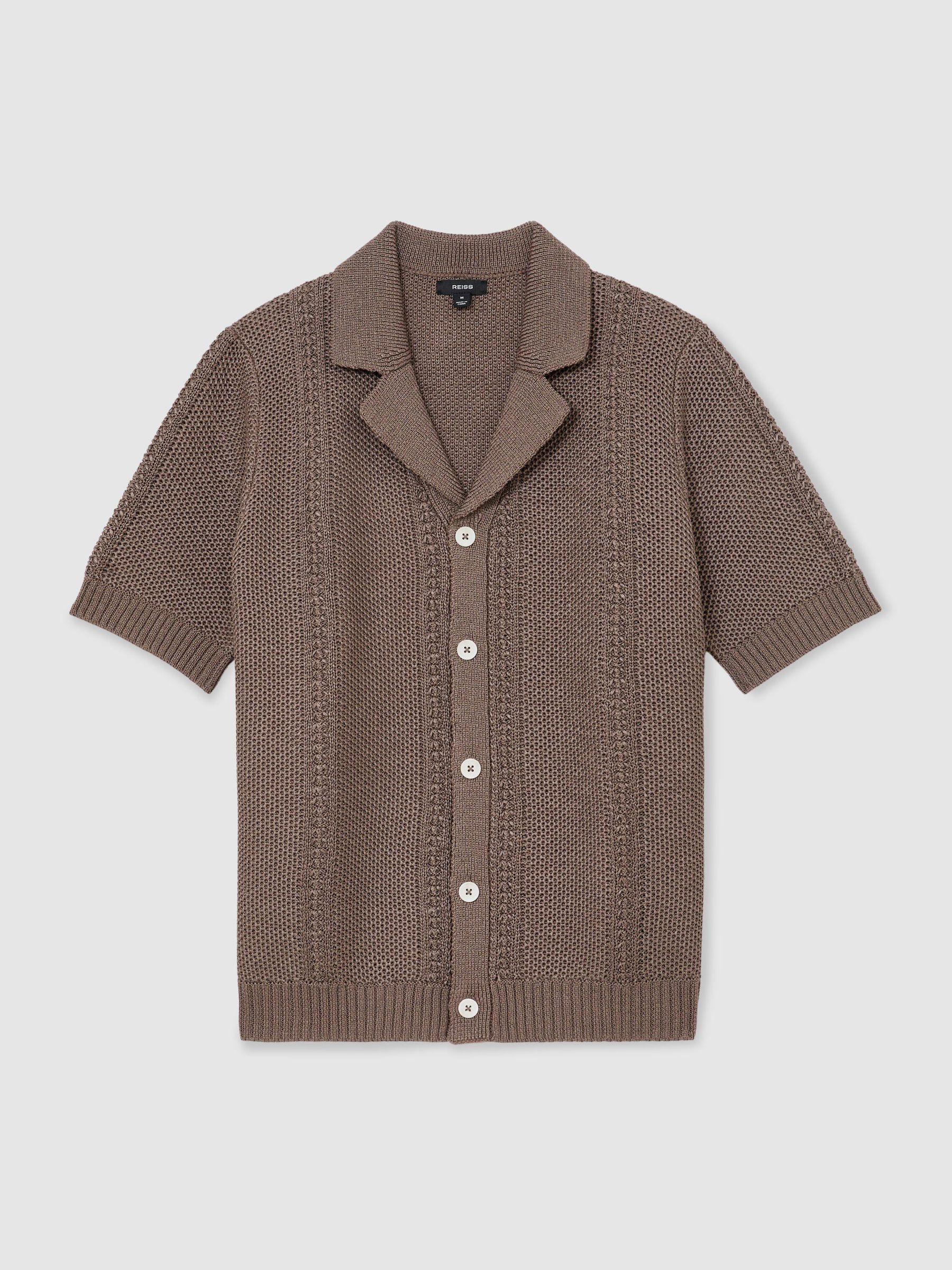 Open-Stitch Cuban-Collar Knitted Shirt in Taupe Brown - Image 2 of 6