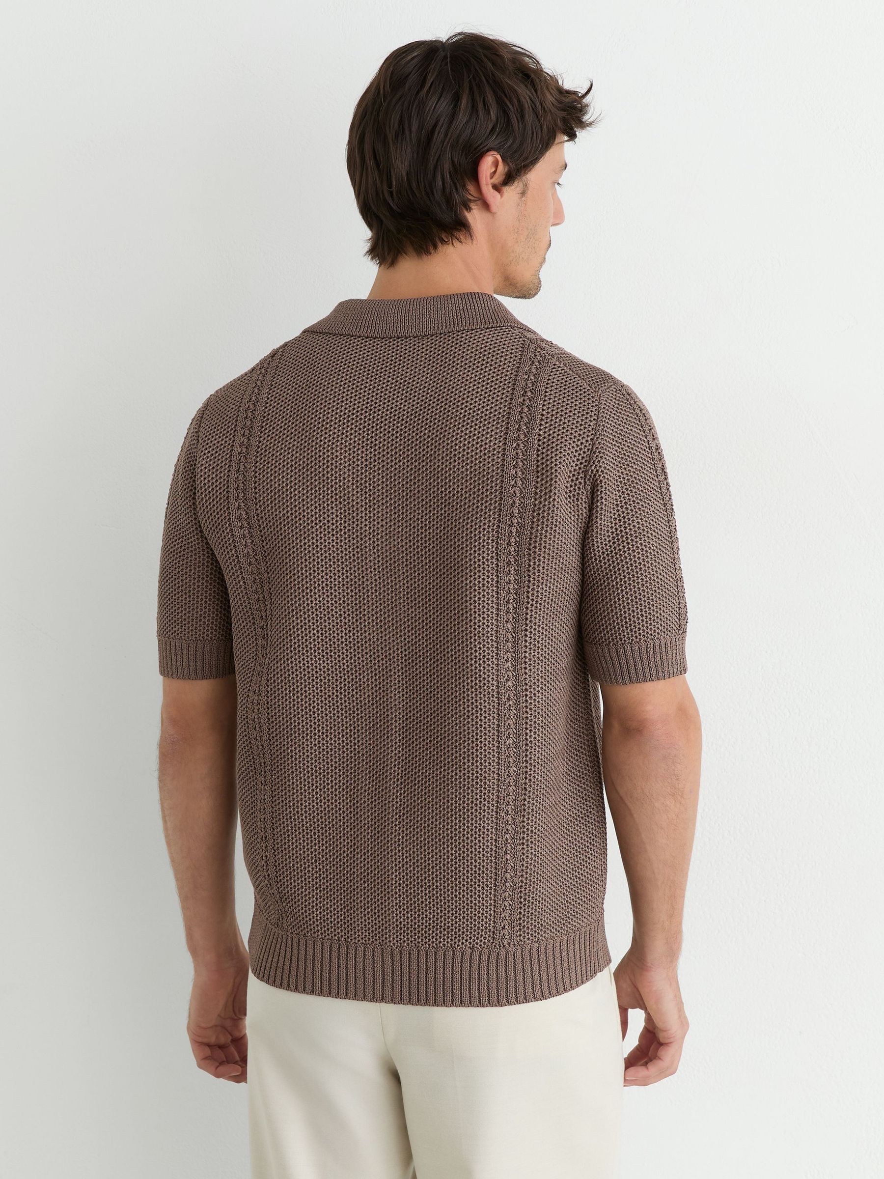 Open-Stitch Cuban-Collar Knitted Shirt in Taupe Brown - Image 4 of 6