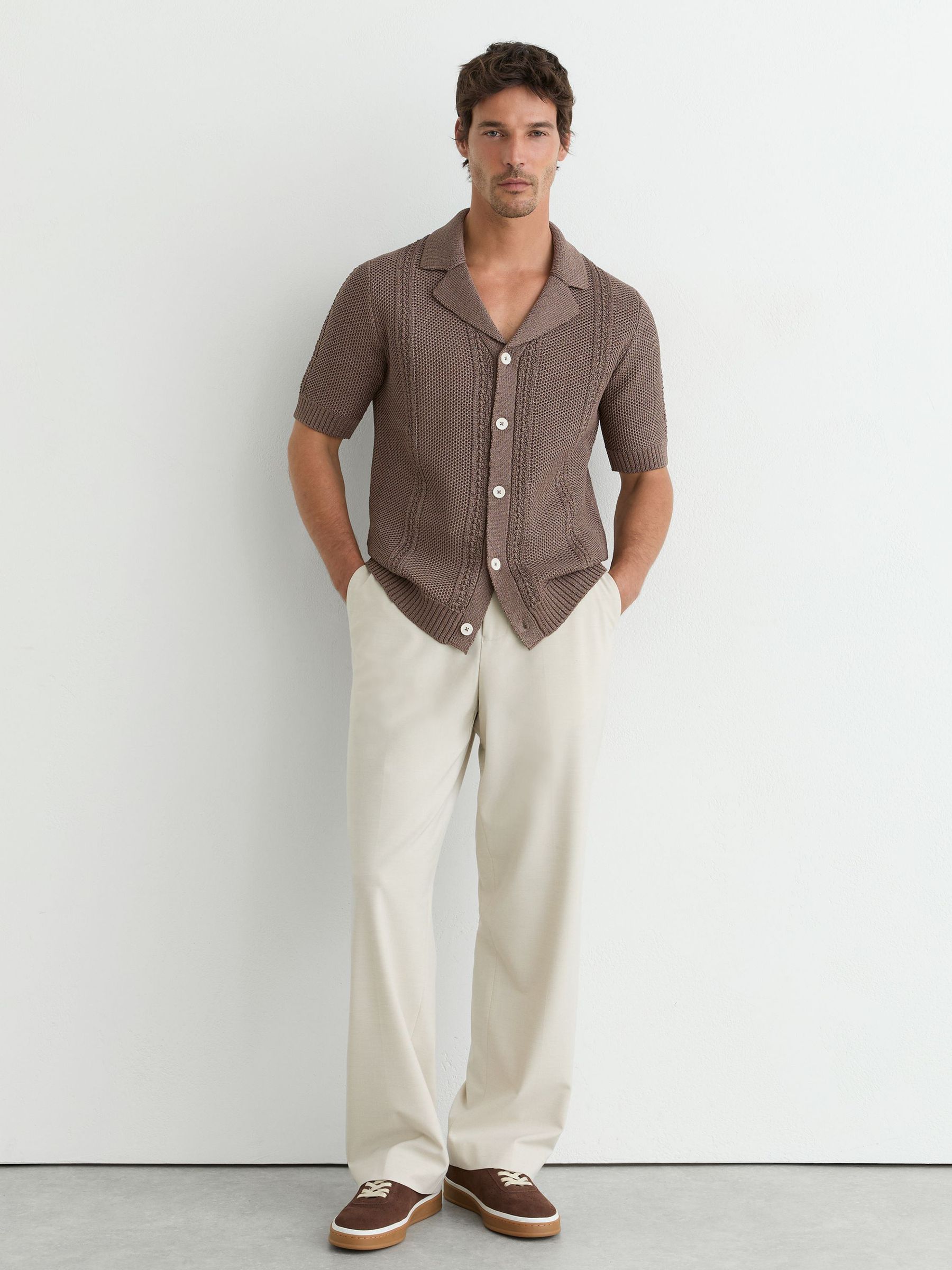 Open-Stitch Cuban-Collar Knitted Shirt in Taupe Brown - Image 5 of 6