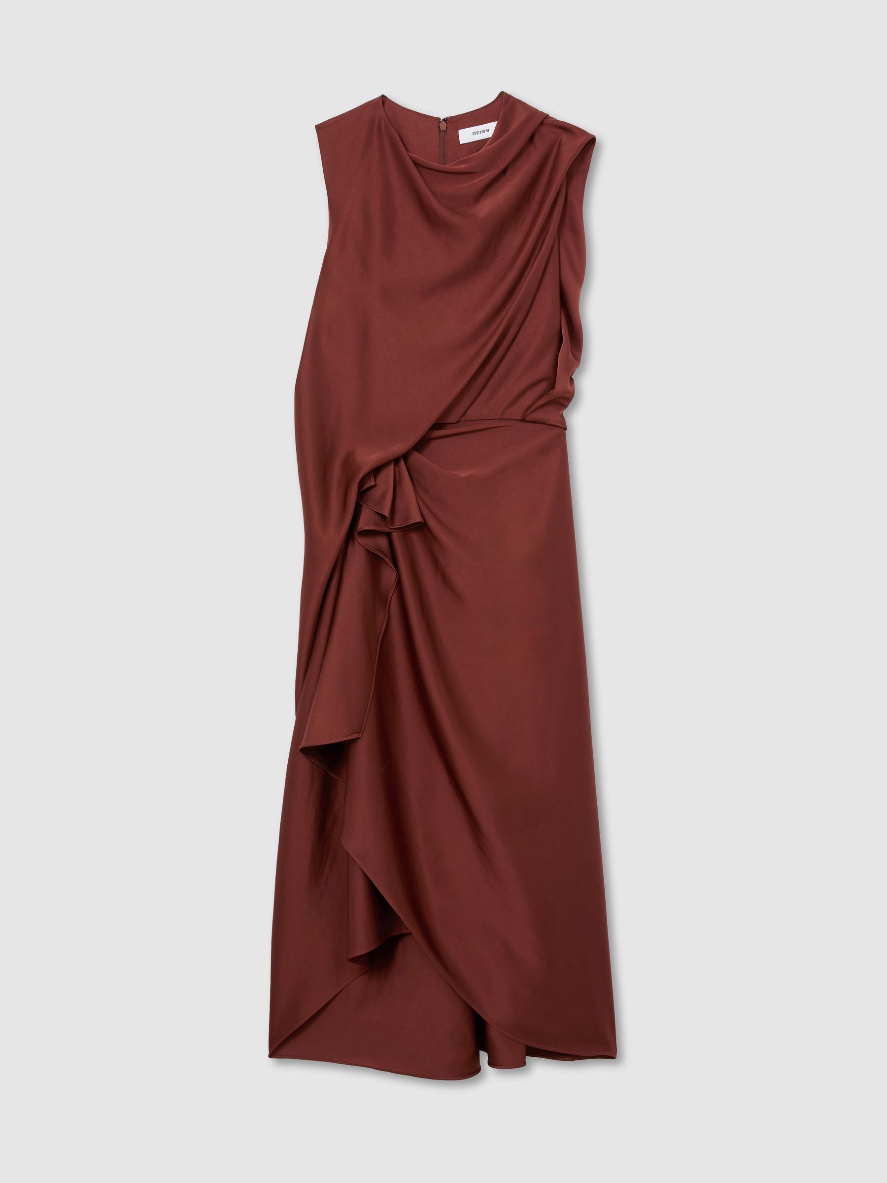 Midikleid aus Satin mit Rüschenbesatz und Drapierung in Rostorange - Bild 2 von 8