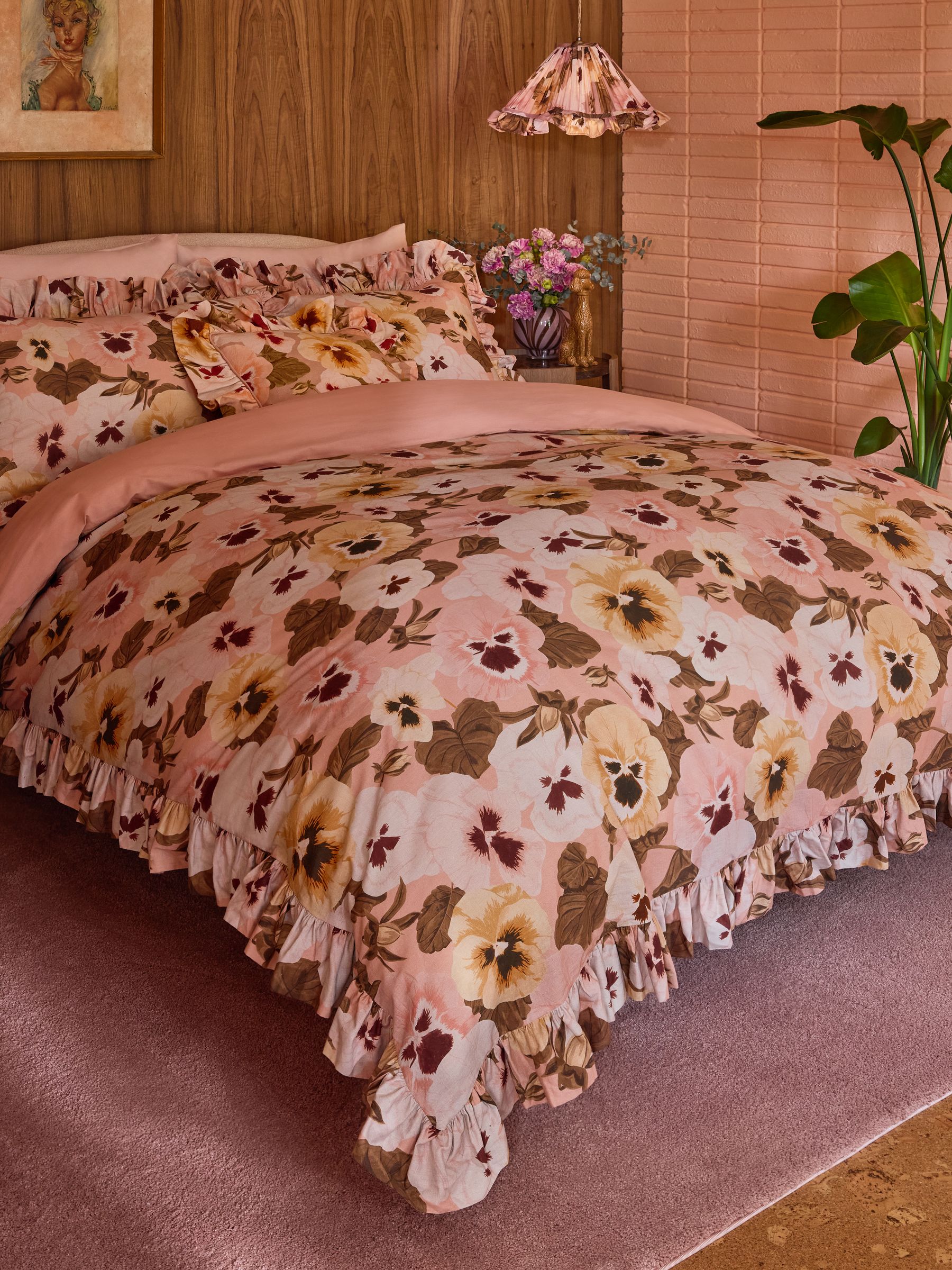 Poodle & Blonde Pink Big Pansy Floral Frill 100% Cotton Bedset - Image 1 of 6 Poodle & Blonde Pink Big Pansy Floral Frill 100% Cotton Bedset - Image 1 of 6