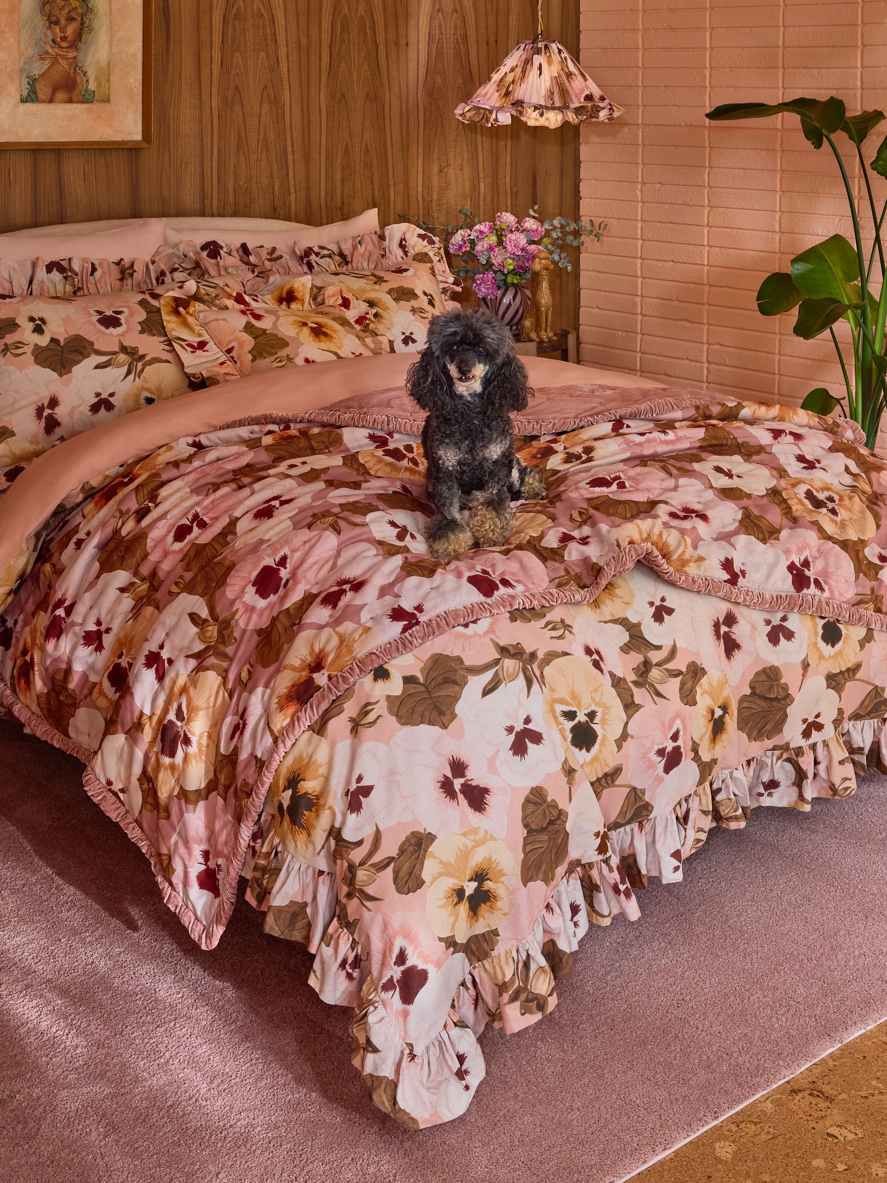 Poodle & Blonde Pink Big Pansy Floral Frill 100% Cotton Bedset - Image 3 of 6