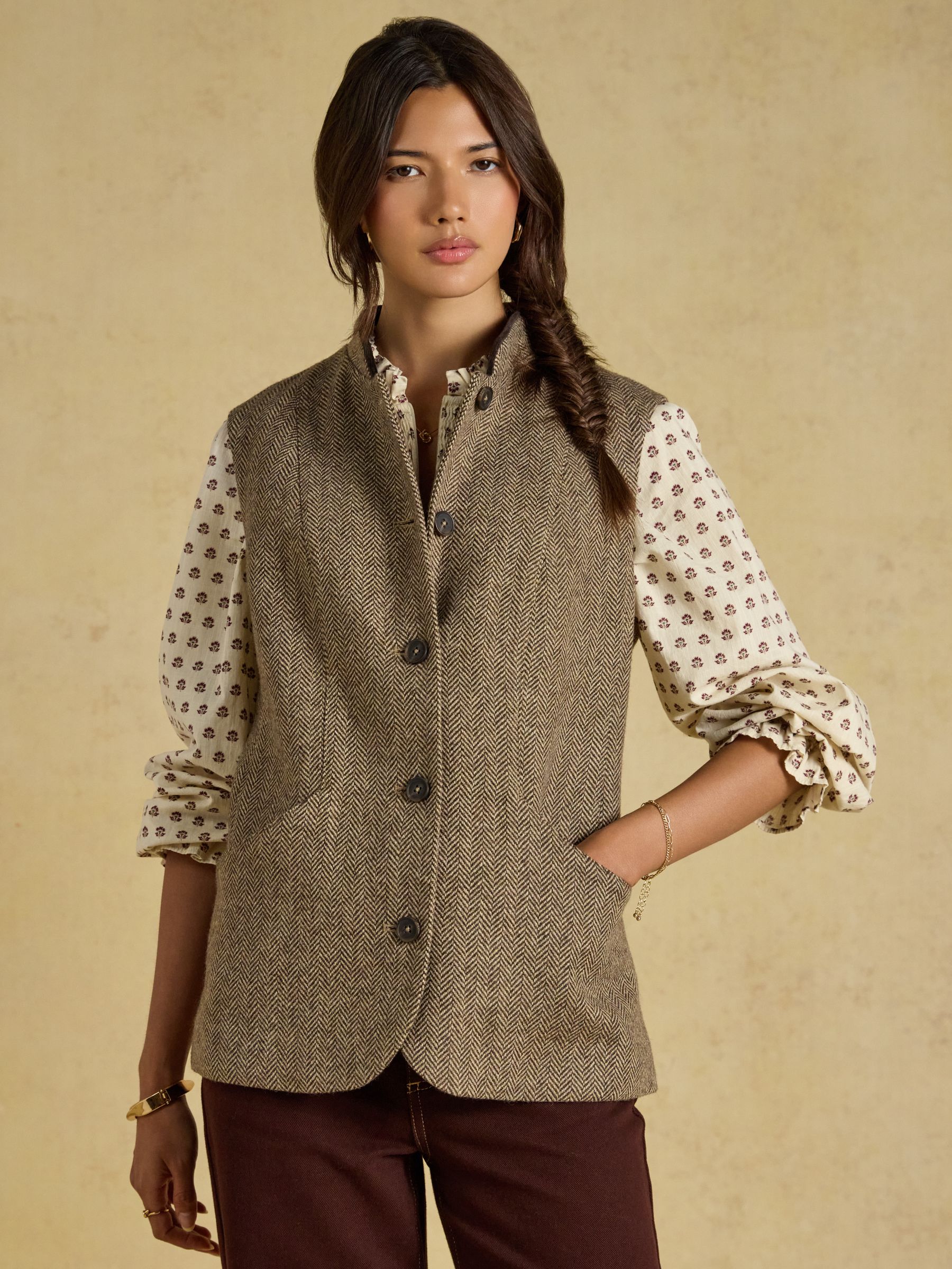 Brown Tweed Wool Blend Nehru Collar Gilet - Image 3 of 11