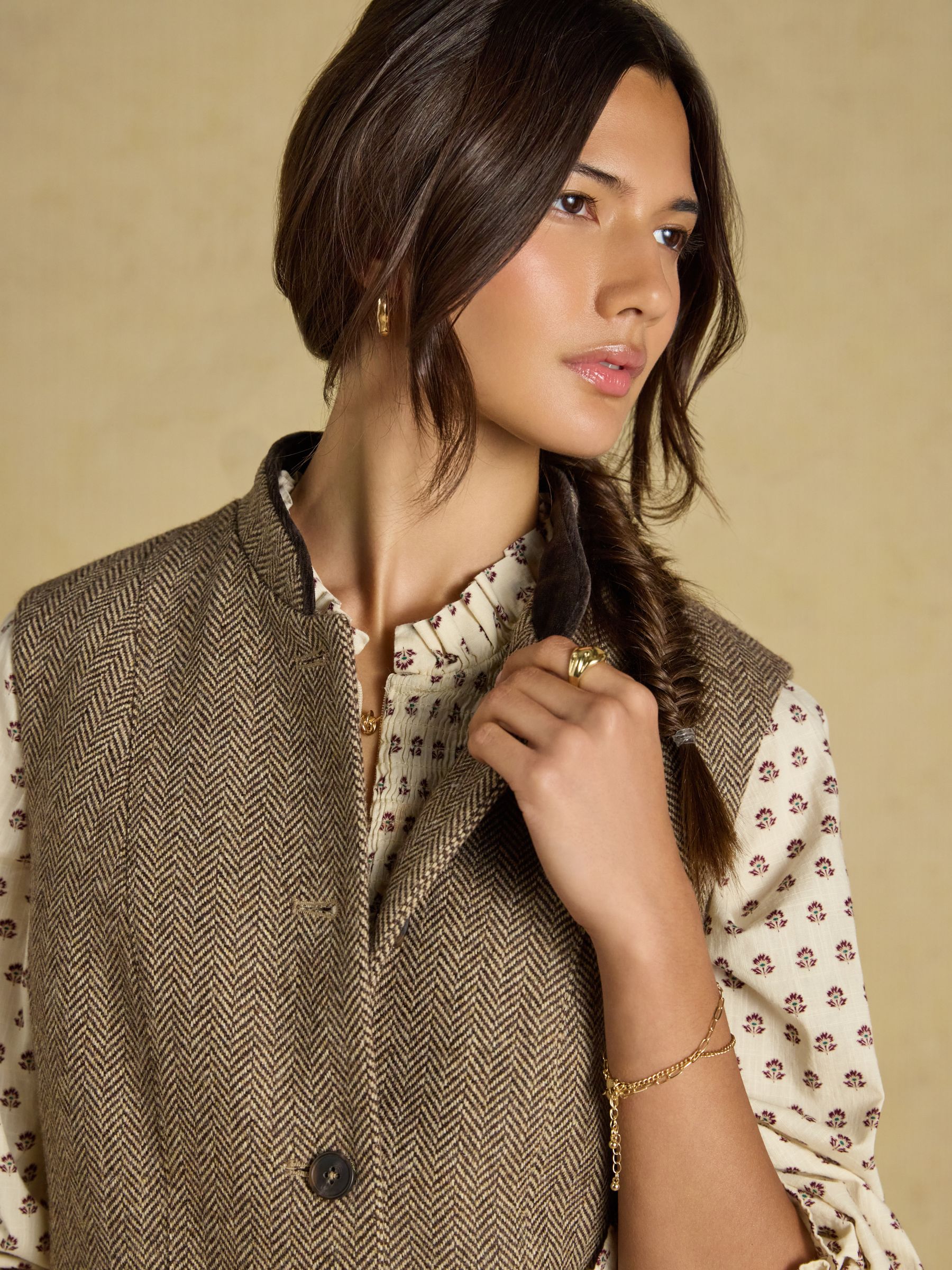 Brown Tweed Wool Blend Nehru Collar Gilet - Image 5 of 11
