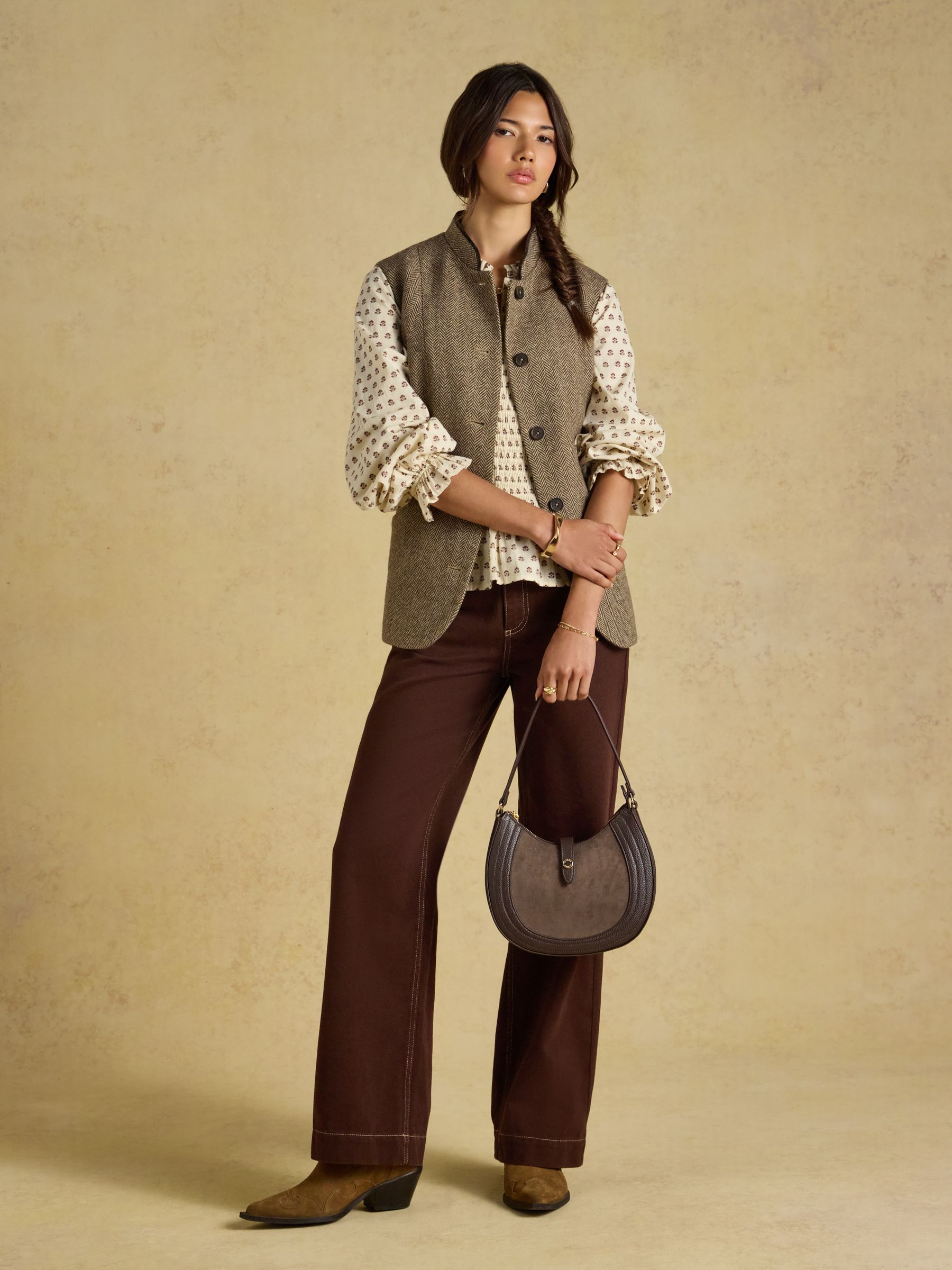 Brown Tweed Wool Blend Nehru Collar Gilet - Image 6 of 11