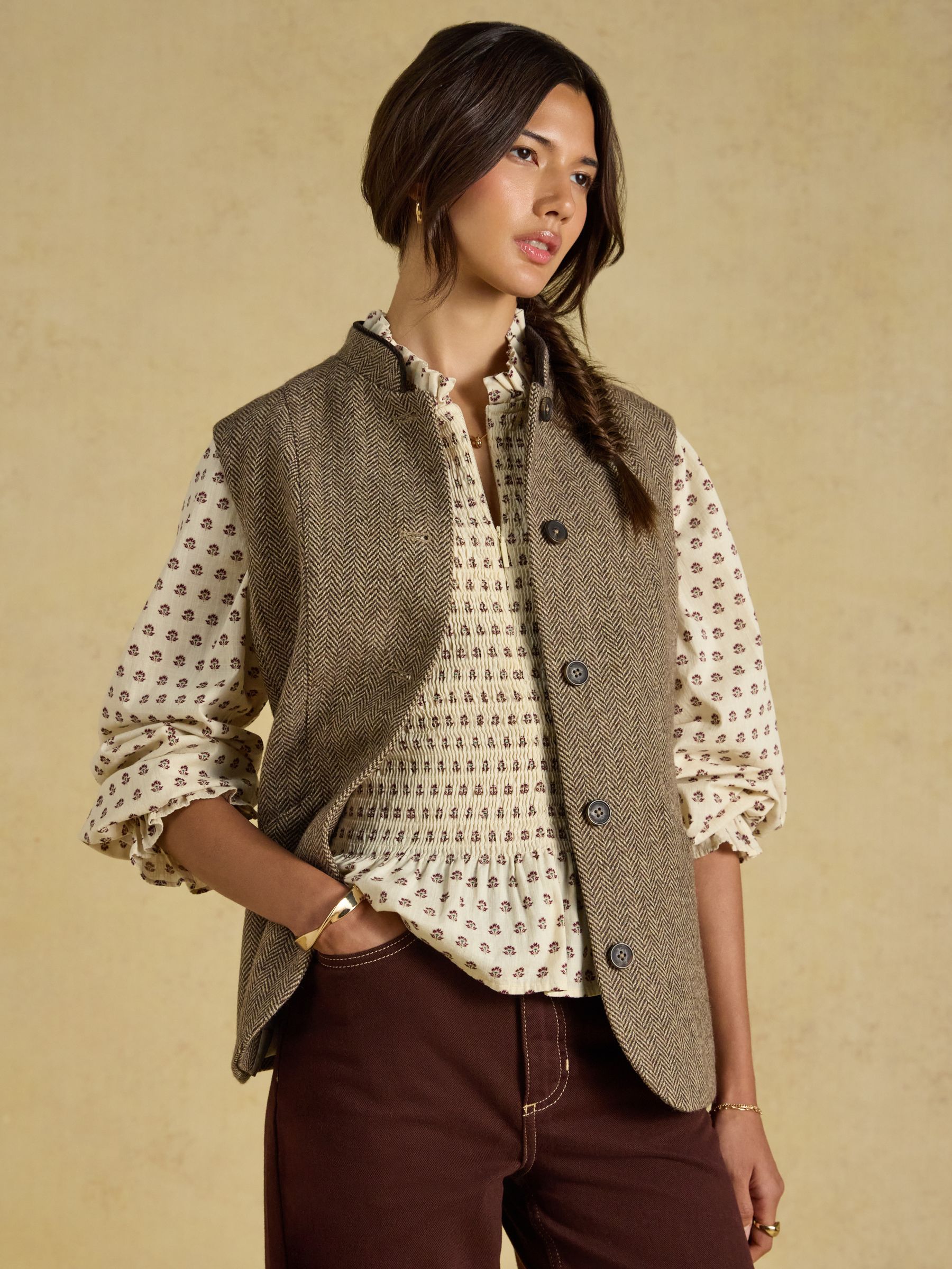 Brown Tweed Wool Blend Nehru Collar Gilet - Image 8 of 11