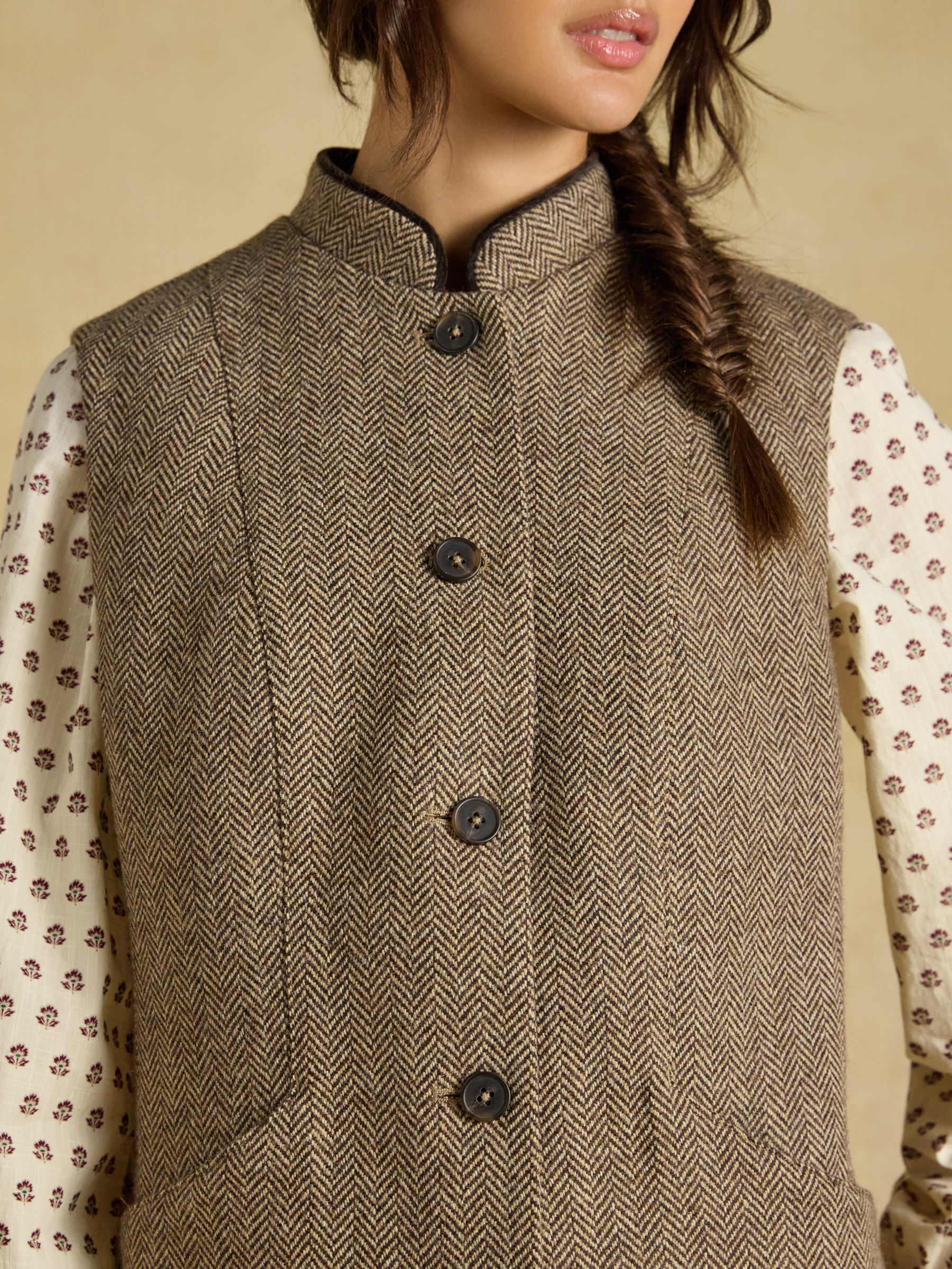 Brown Tweed Wool Blend Nehru Collar Gilet - Image 9 of 11