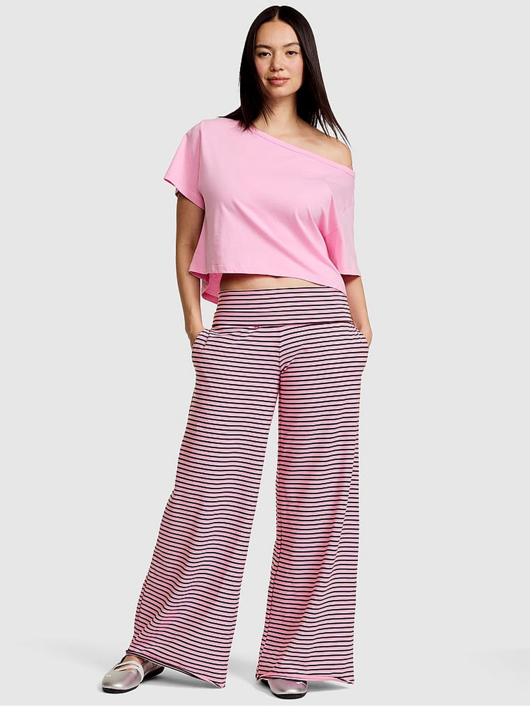 Pink/Purple Stripe Foldover Wide leg Trousers - Image 2 of 3