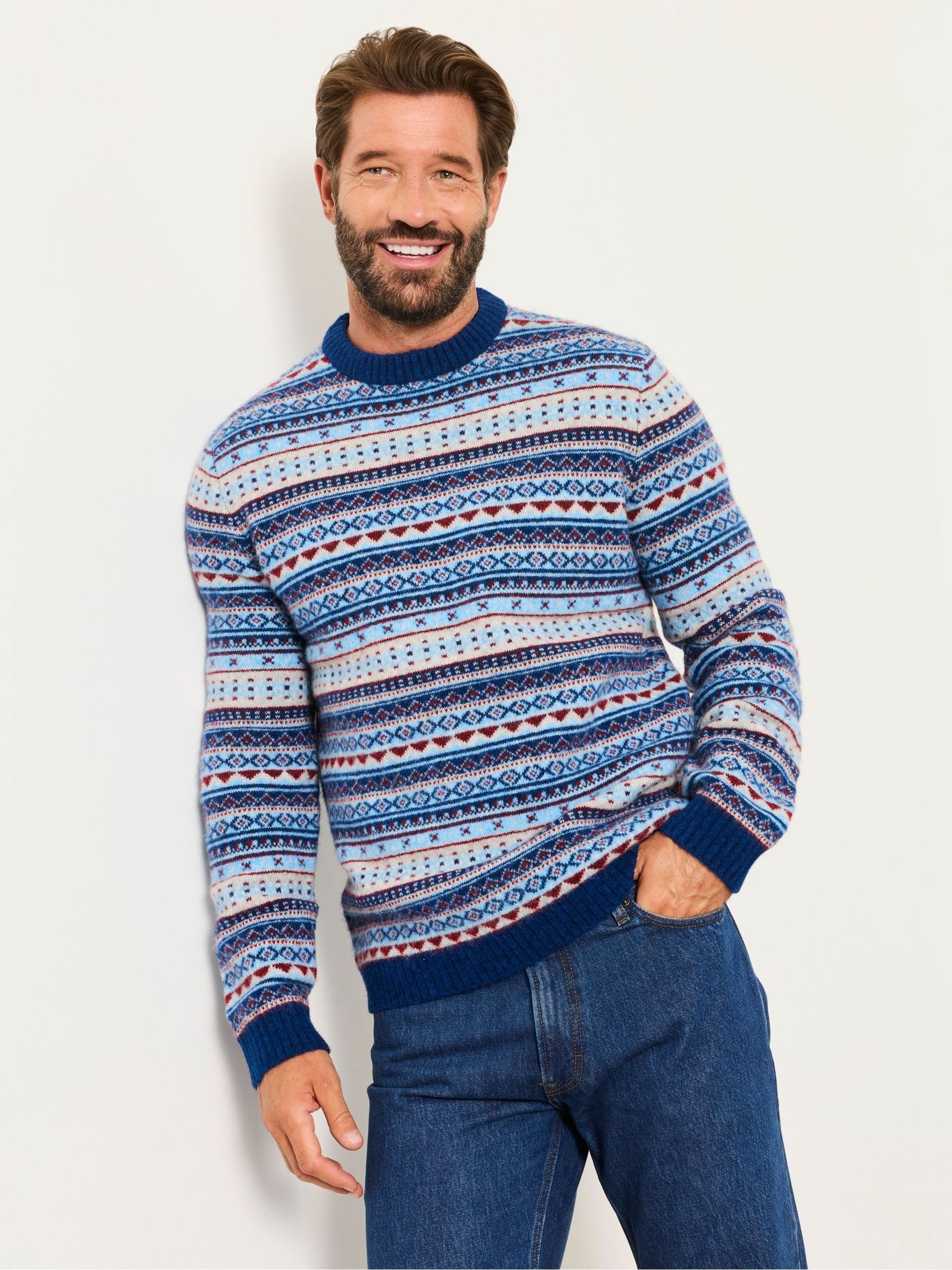 Blue Fairisle Knitted Crew Neck Jumper - Image 1 of 5 Blue Fairisle Knitted Crew Neck Jumper - Image 1 of 5