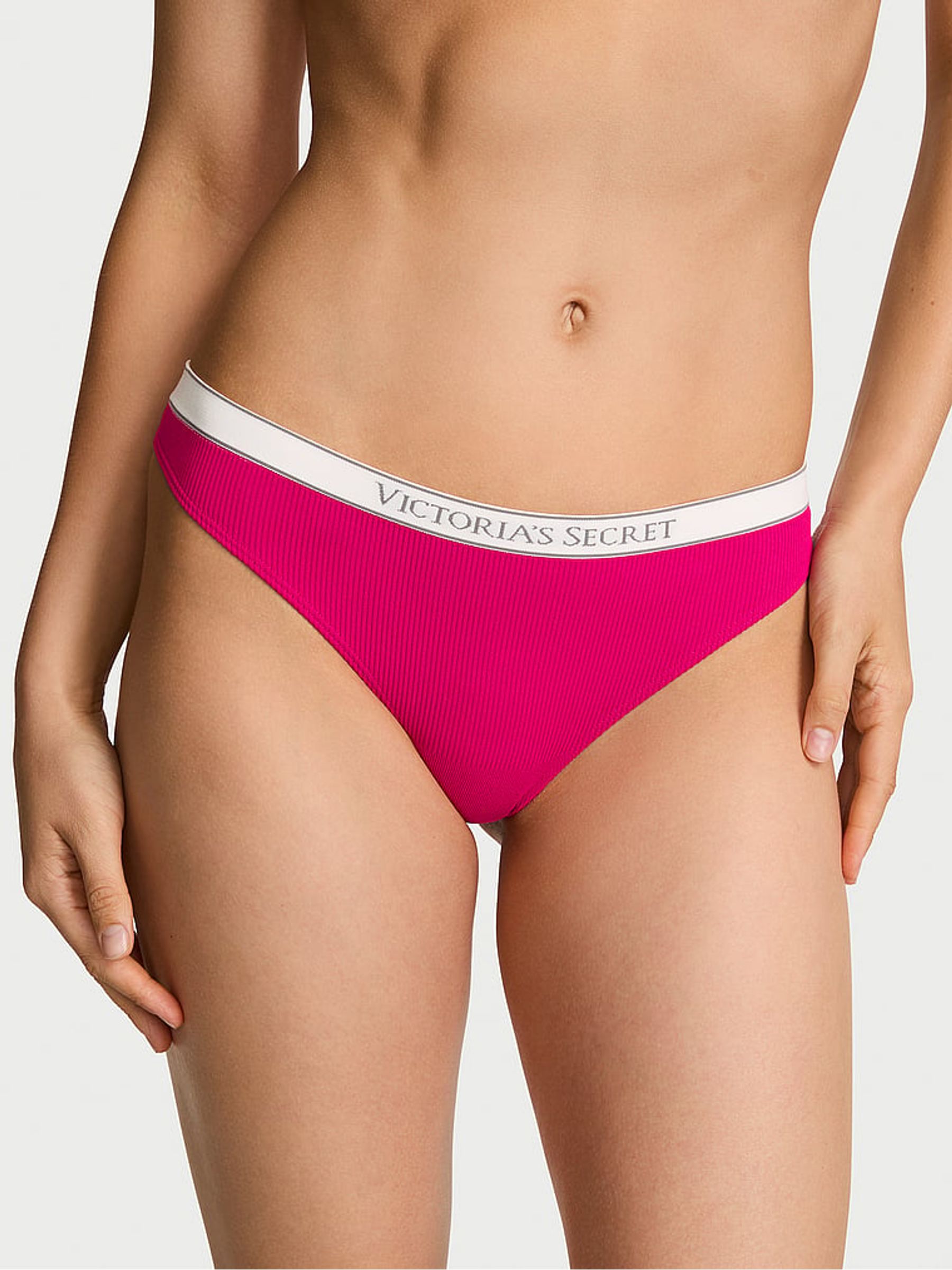 Vibrant Fuchsia Pink Thong Logo Ribbed Knickers - Image 1 of 2