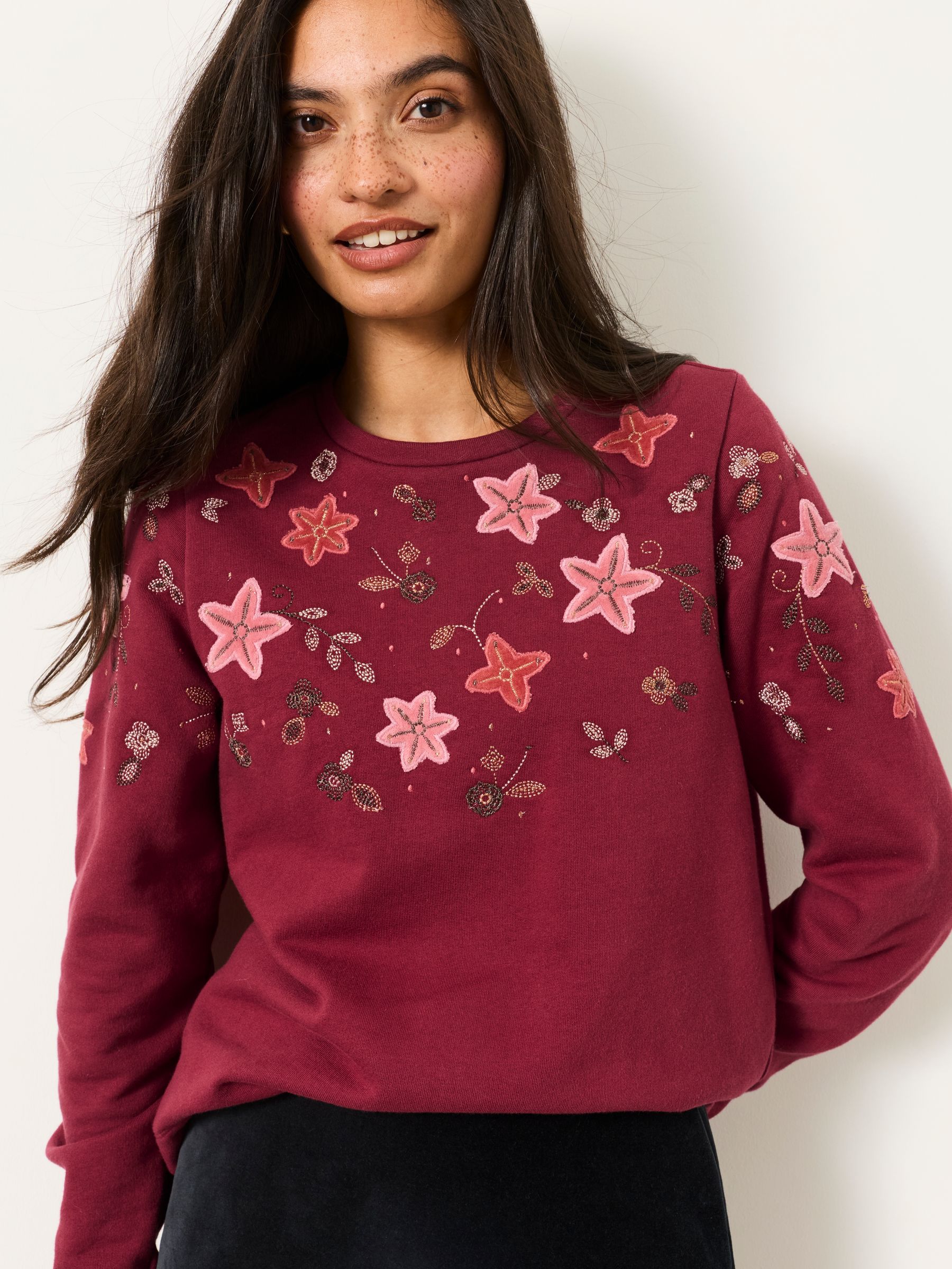 Jaz Burgundy Red Embroidered Floral Sweatshirt - Image 1 of 6