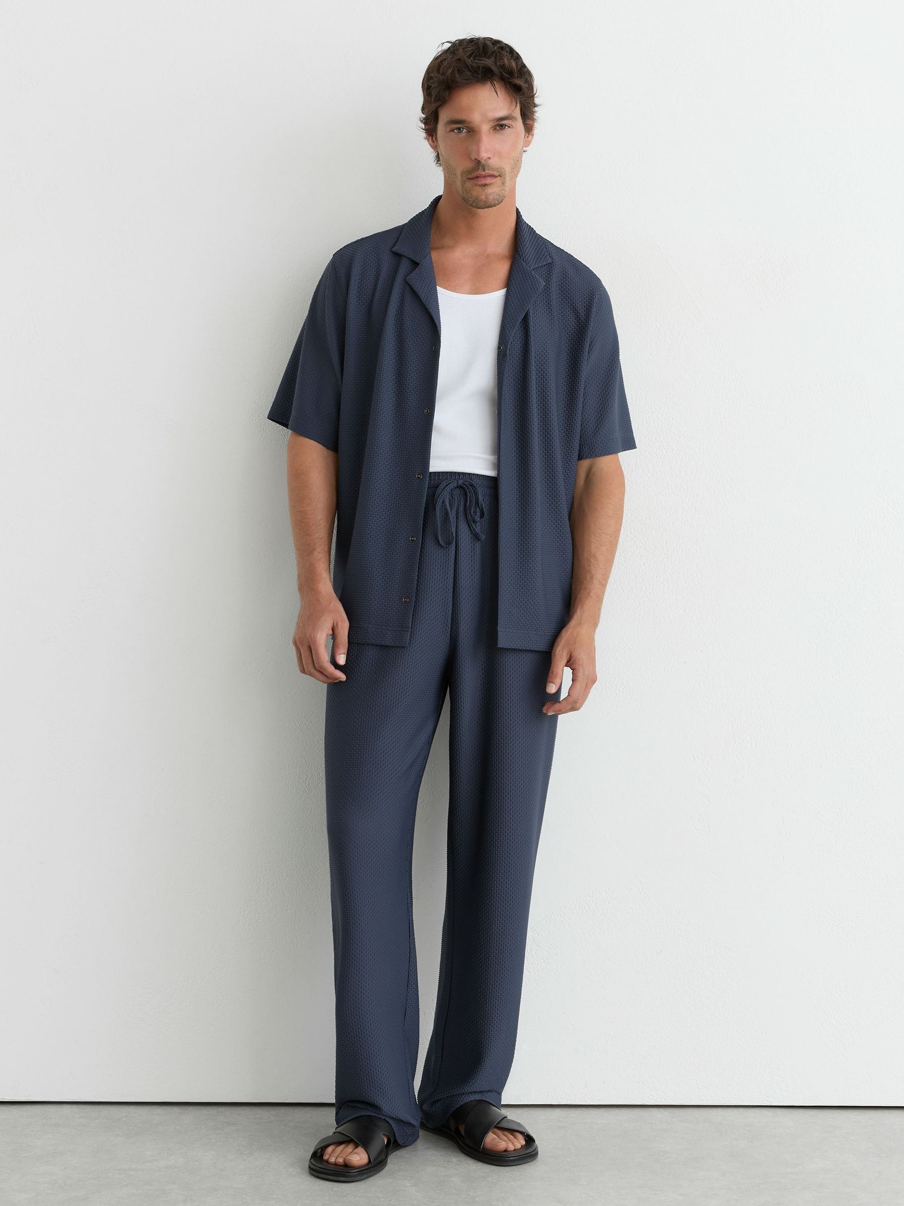 Textured Drawstring Relaxed-Fit Trousers in Airforce Blue - Image 1 of 6