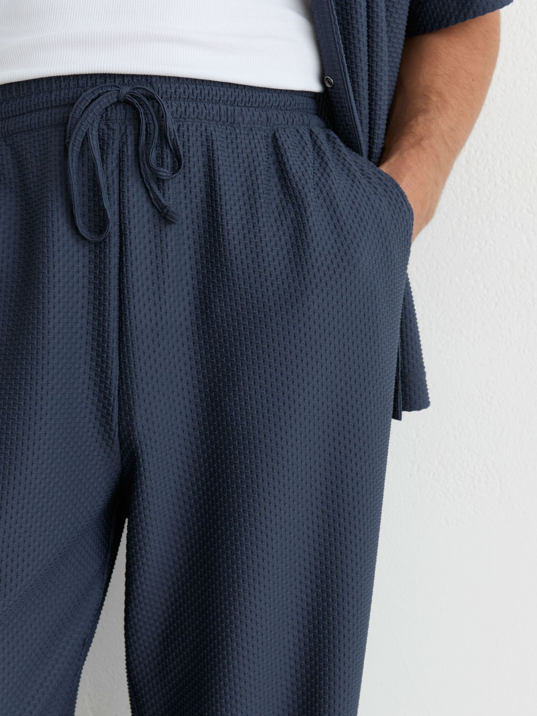 Textured Drawstring Relaxed-Fit Trousers in Airforce Blue - Image 3 of 6