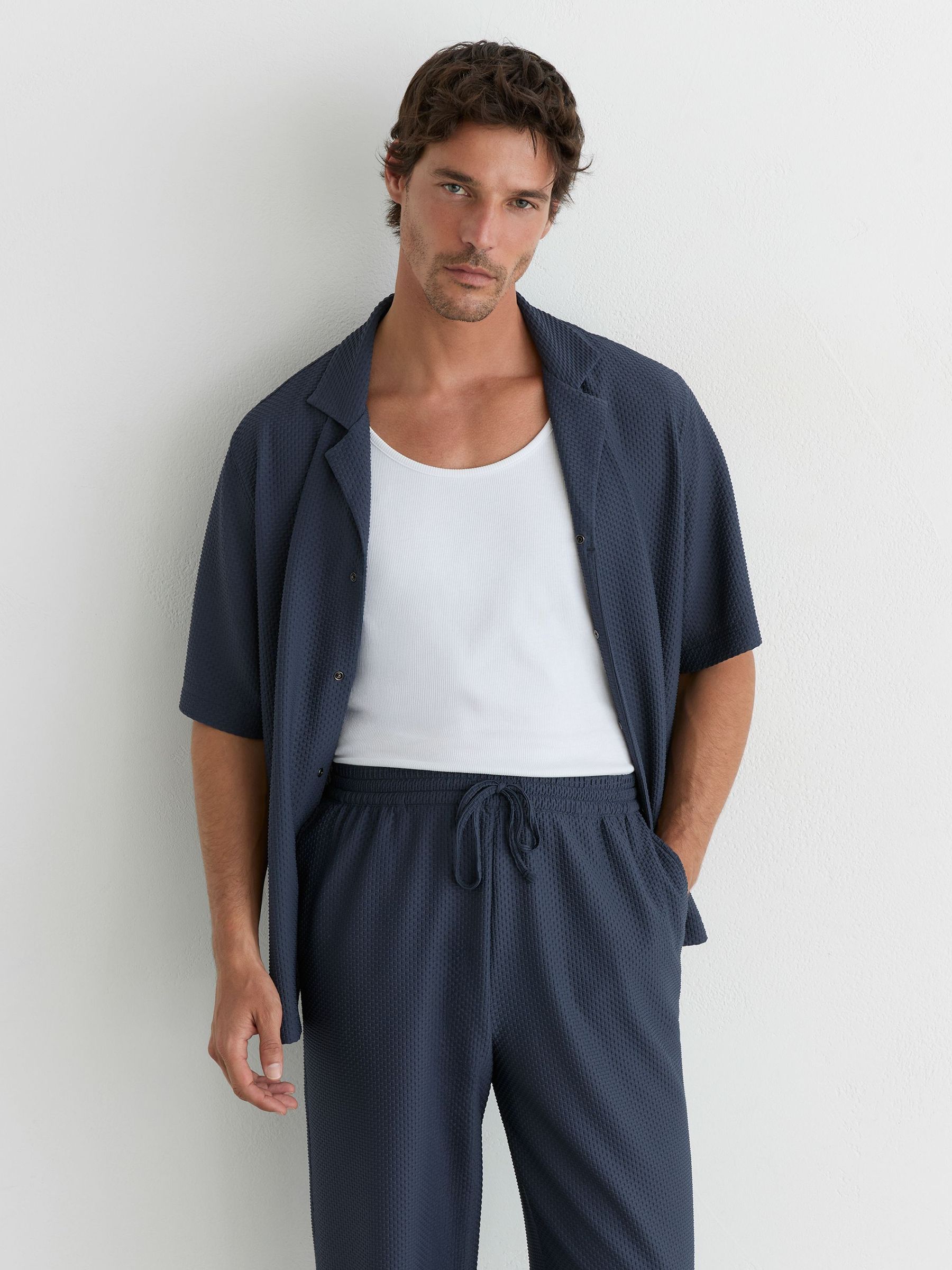 Textured Drawstring Relaxed-Fit Trousers in Airforce Blue - Image 4 of 6