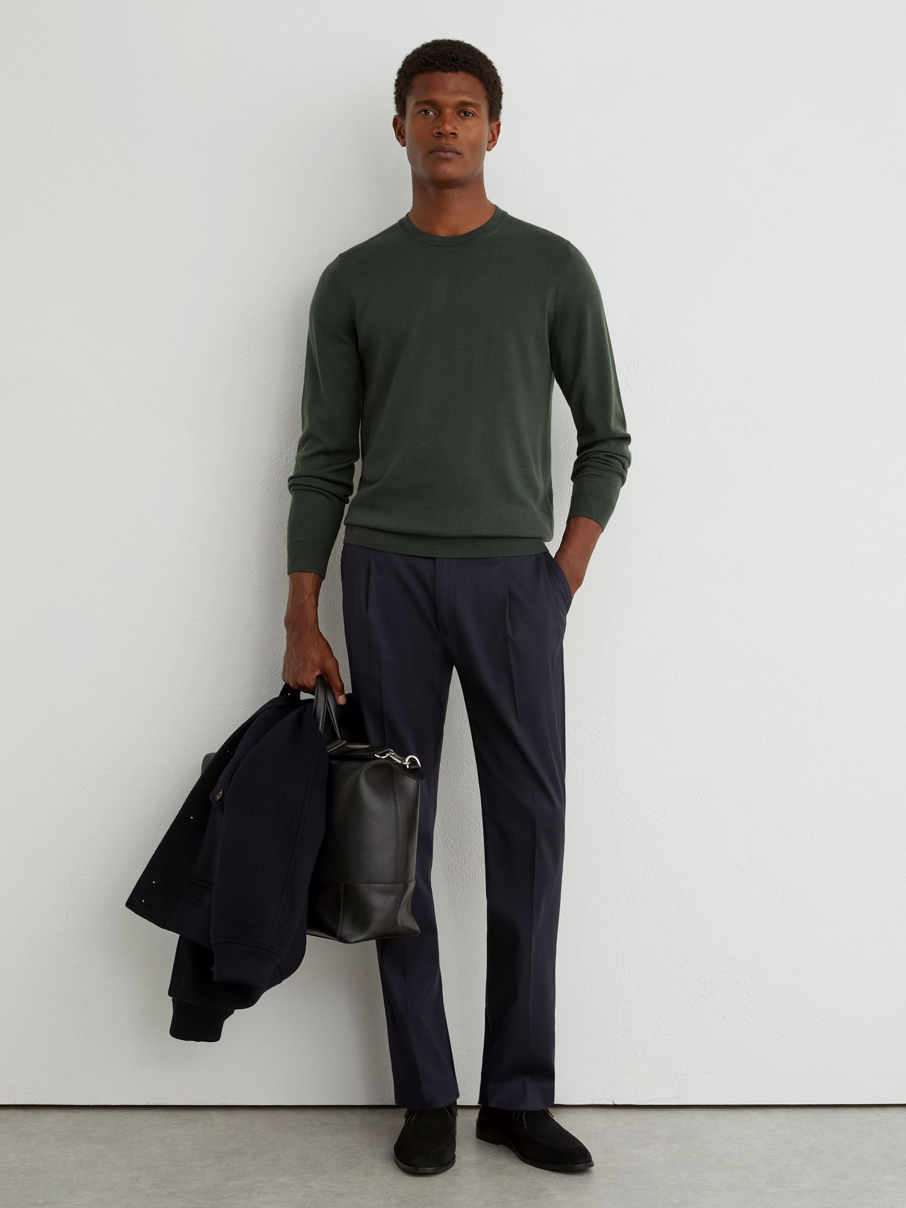 Merino Wool Crew-Neck Jumper in Dark Green - Image 1 of 6