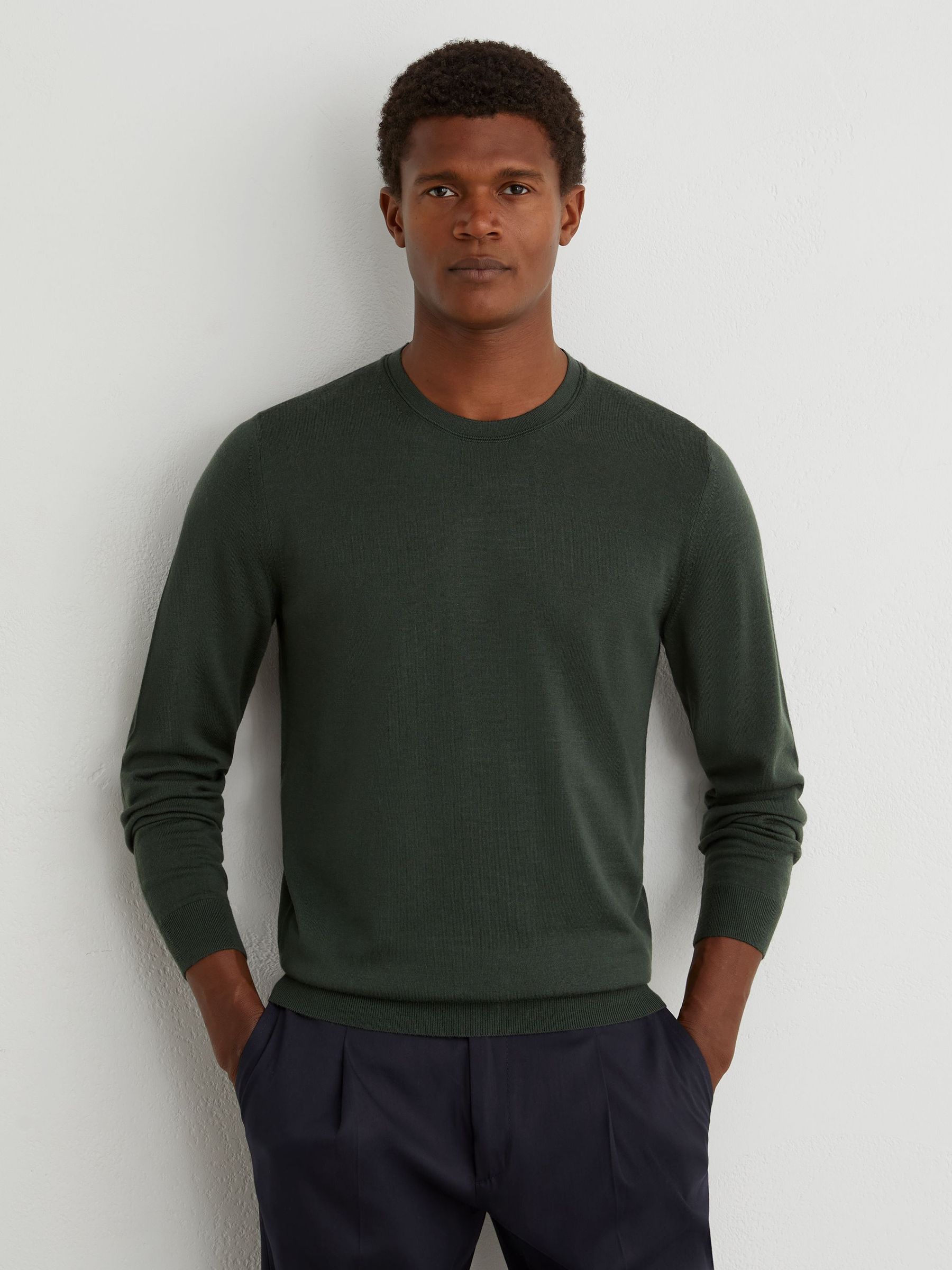 Merino Wool Crew-Neck Jumper in Dark Green - Image 4 of 6