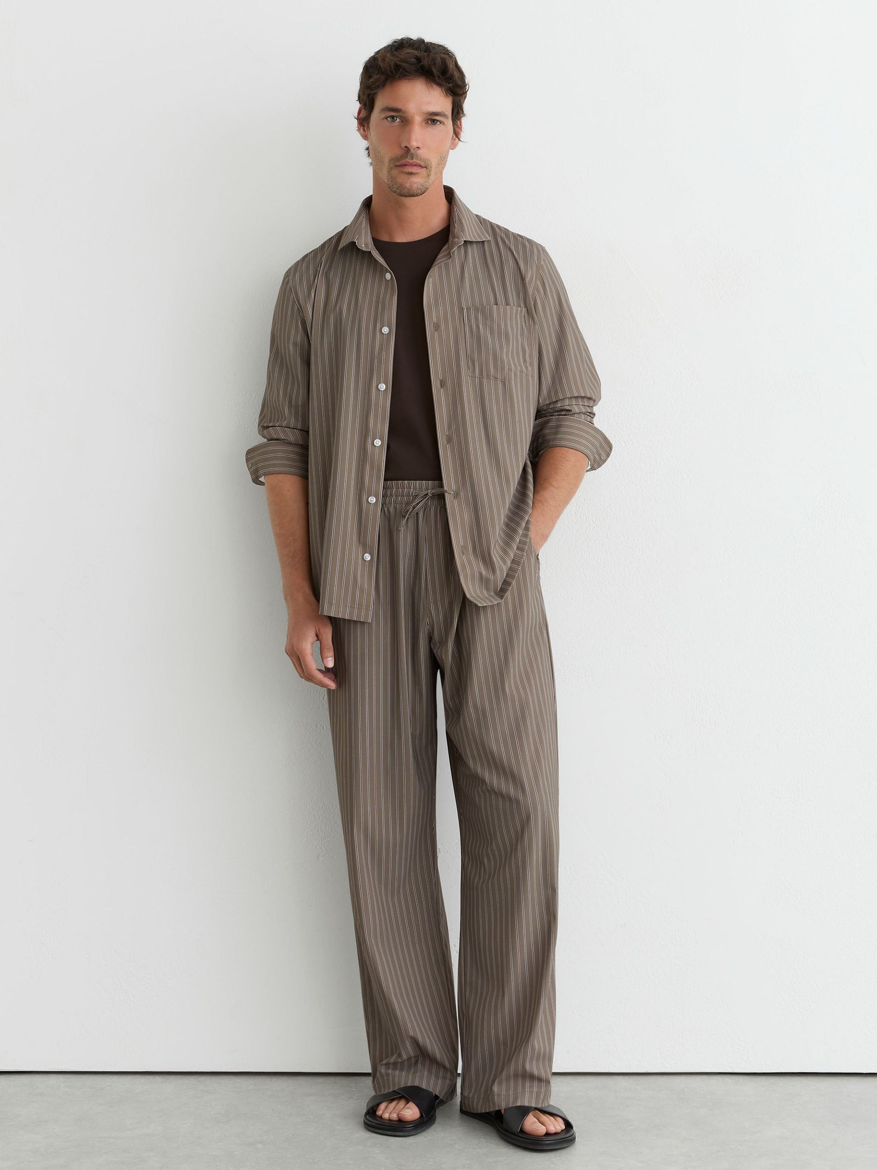 Stripe Drawstring Relaxed-Fit Trousers in Taupe Brown - Image 1 of 7 Stripe Drawstring Relaxed-Fit Trousers in Taupe Brown - Image 1 of 7