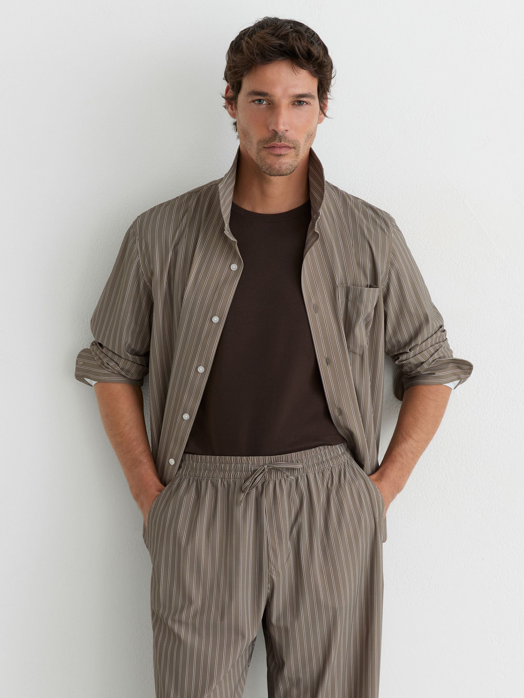 Stripe Drawstring Relaxed-Fit Trousers in Taupe Brown - Image 4 of 7