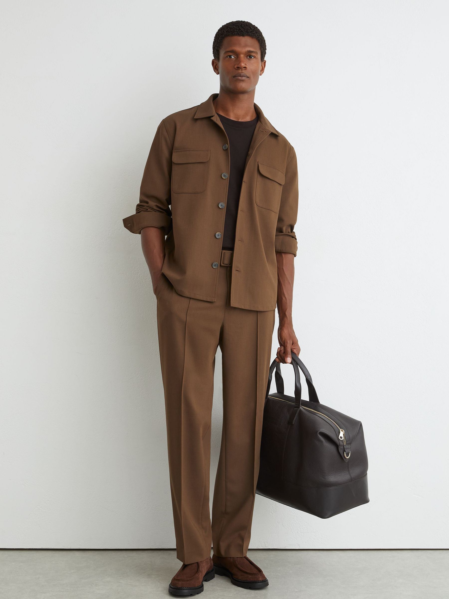 Twin-Pocket Button-Through Overshirt in Tobacco Brown - Image 3 de 6