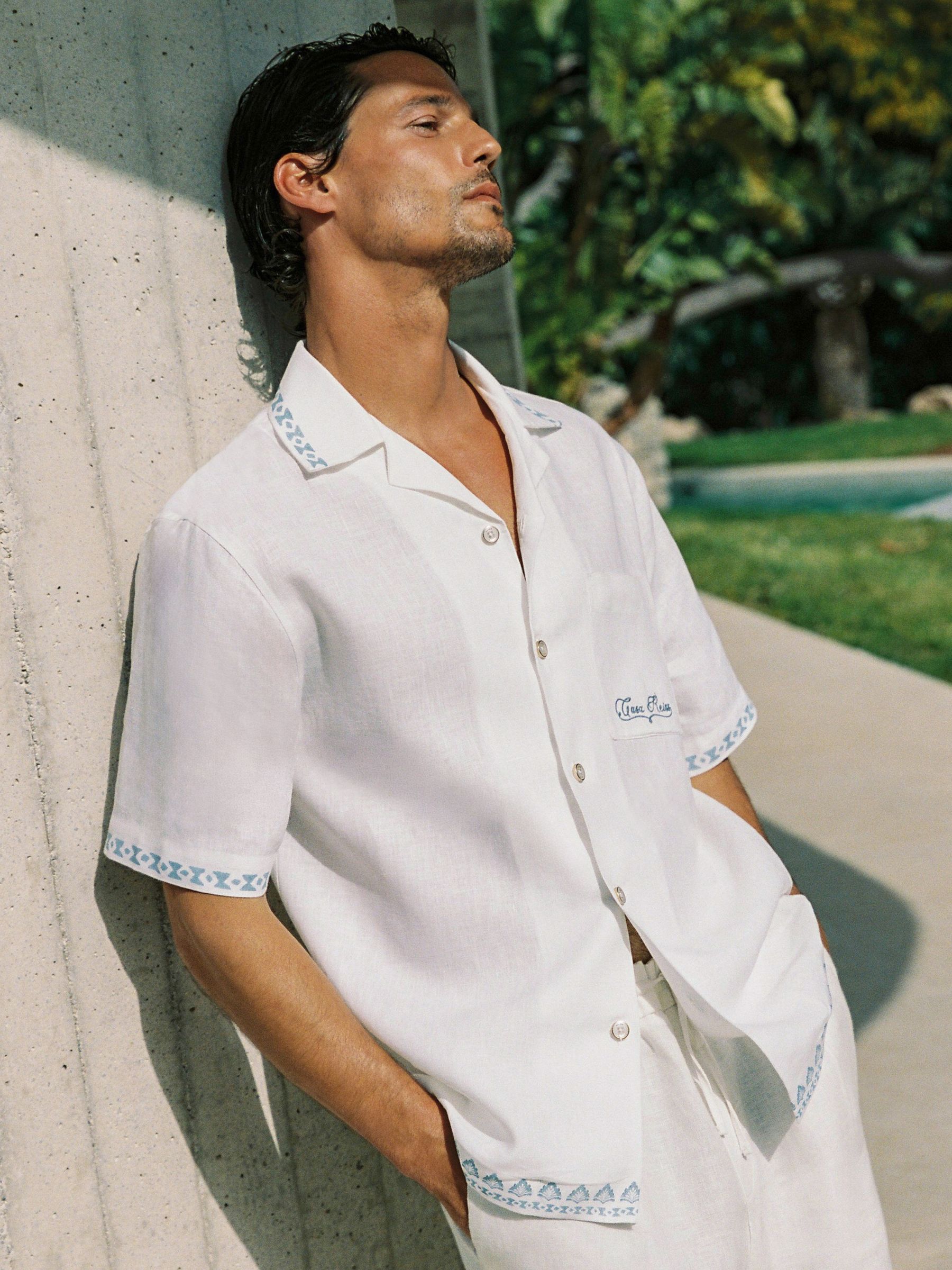 Cotton-Linen Slogan-Print Shirt in White - Image 4 of 9
