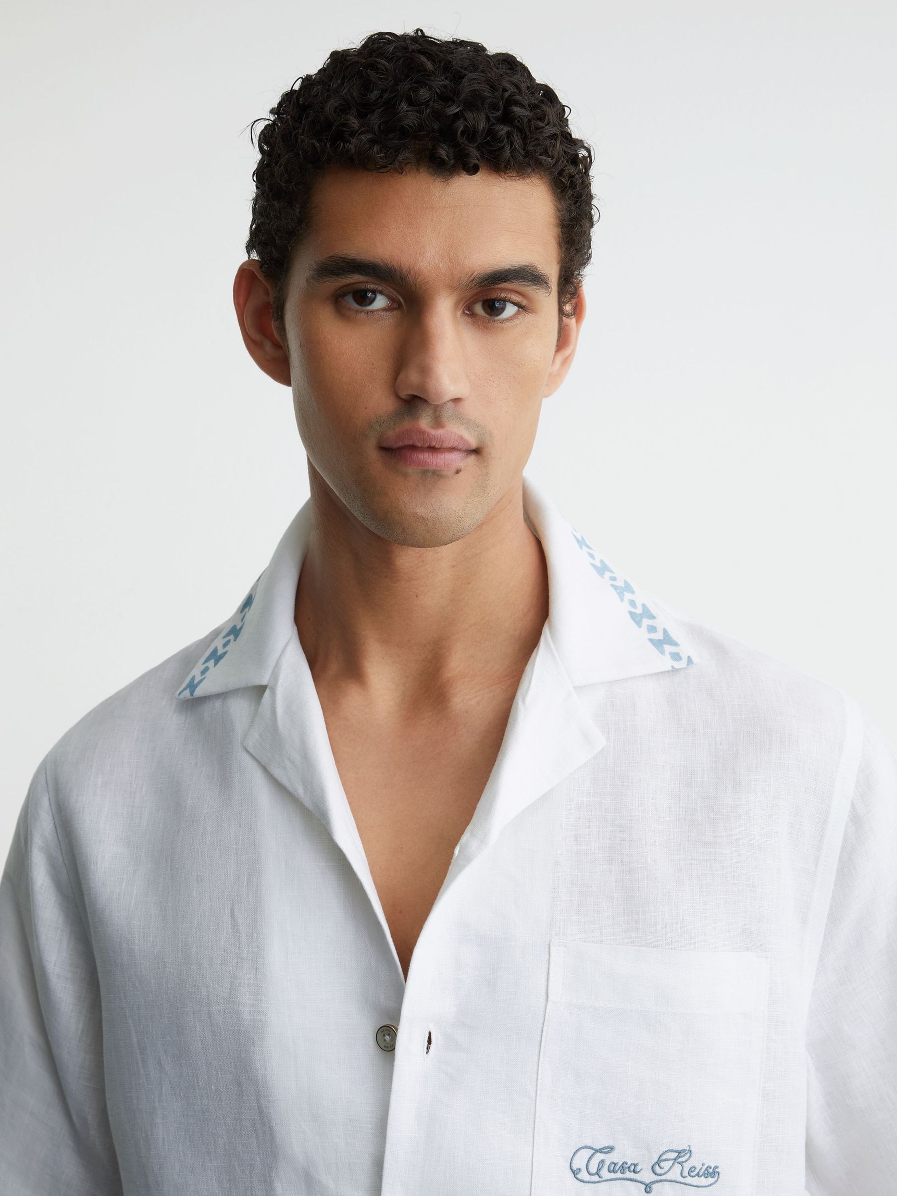 Cotton-Linen Slogan-Print Shirt in White - Image 7 of 9
