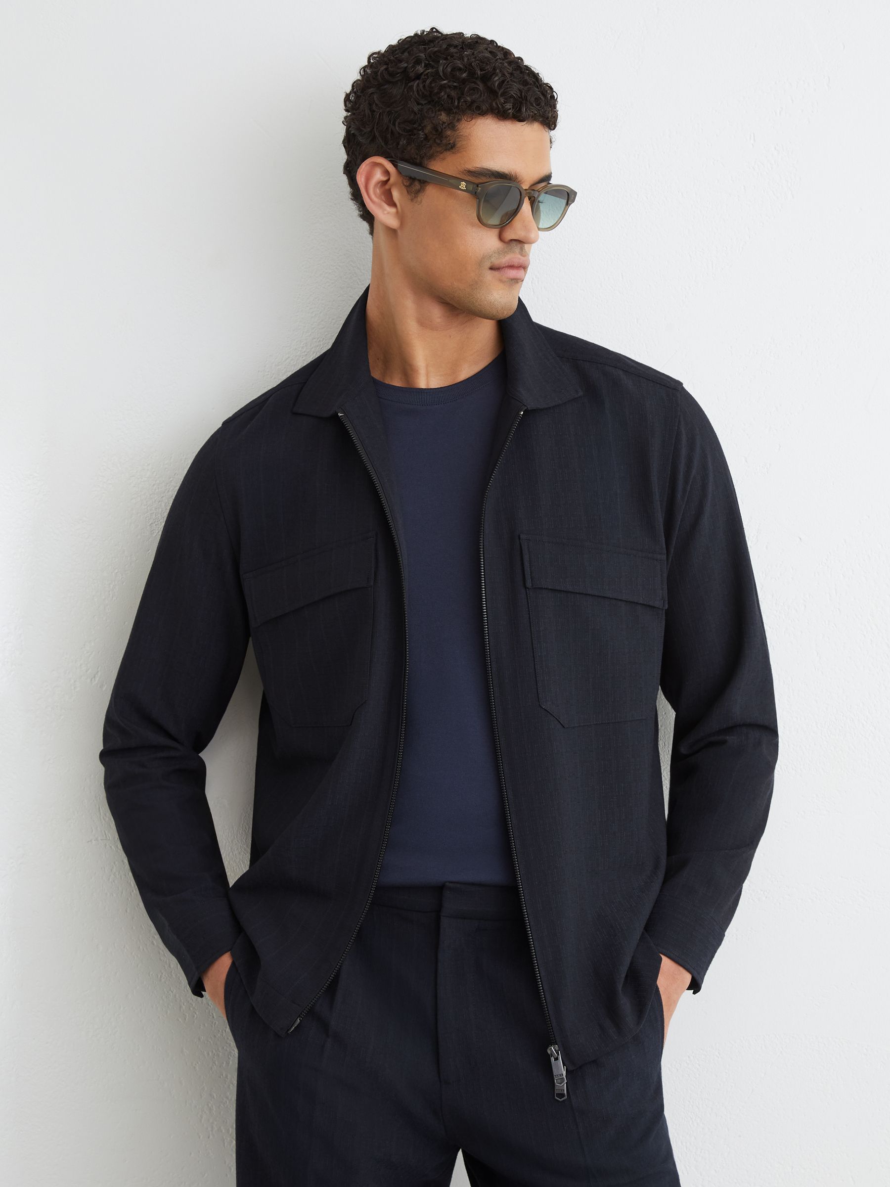 Stripe Zip-Through Overshirt in Navy - Image 1 of 6