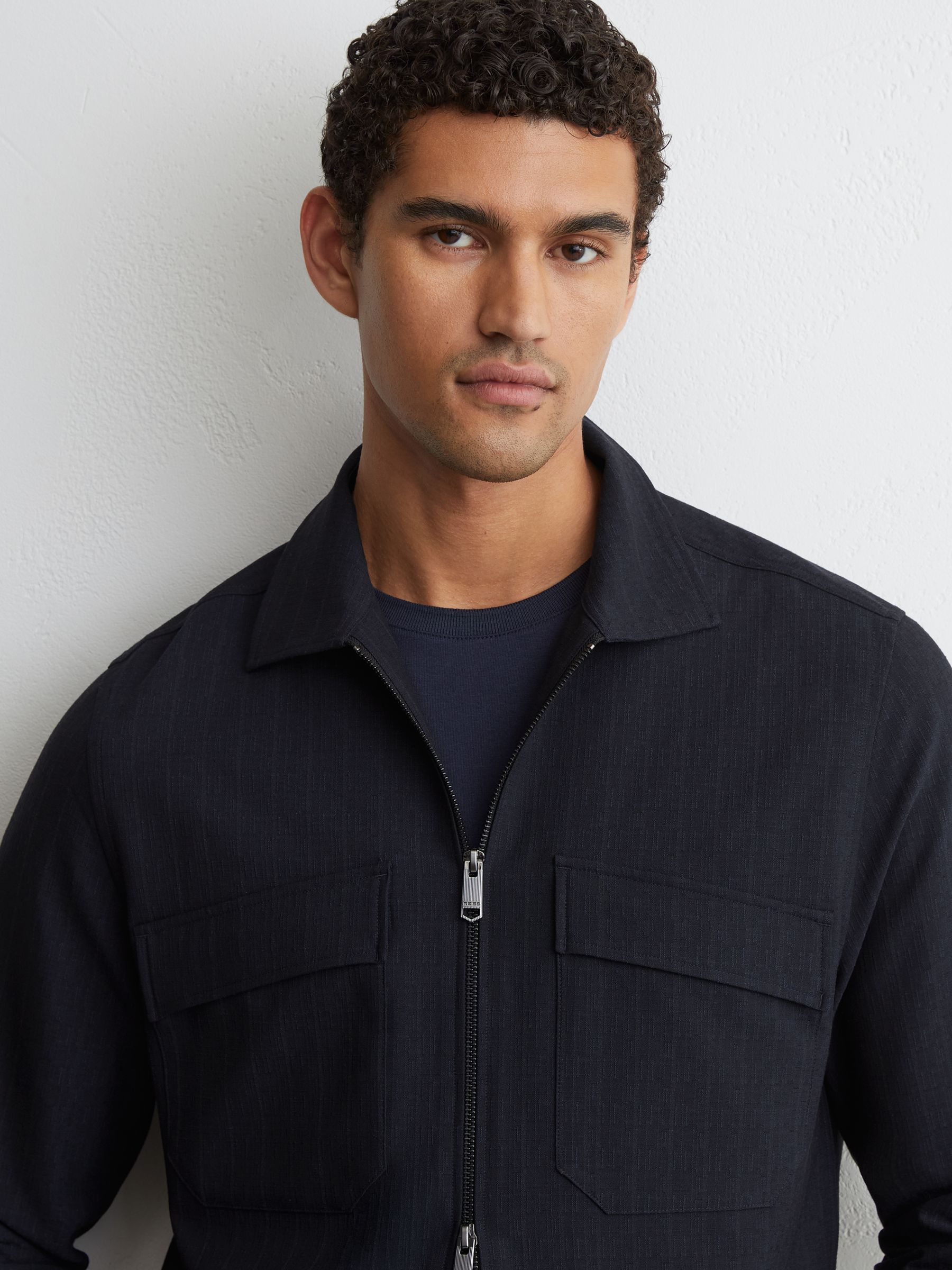 Stripe Zip-Through Overshirt in Navy - Image 3 of 6