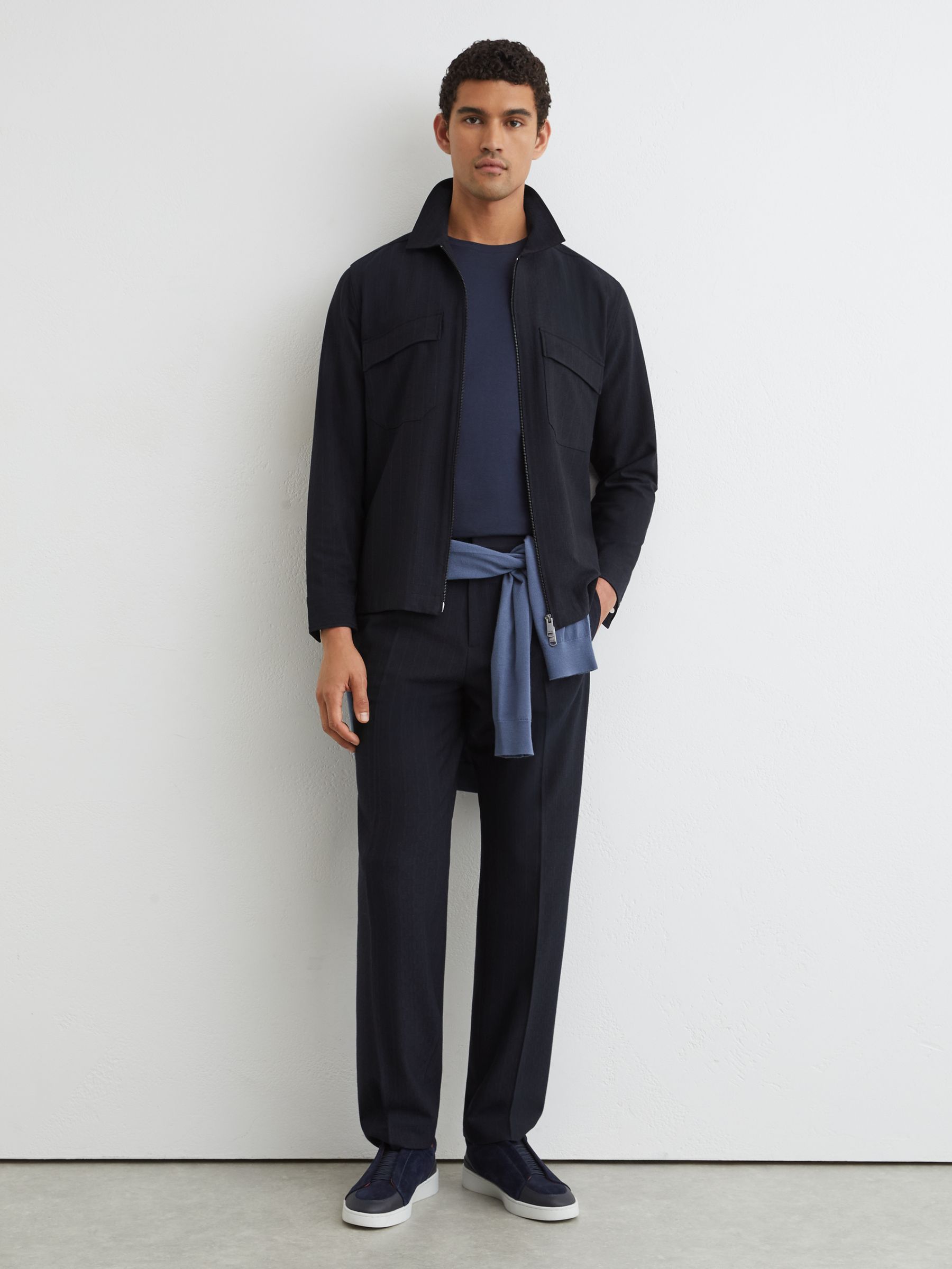 Stripe Zip-Through Overshirt in Navy - Image 4 of 6
