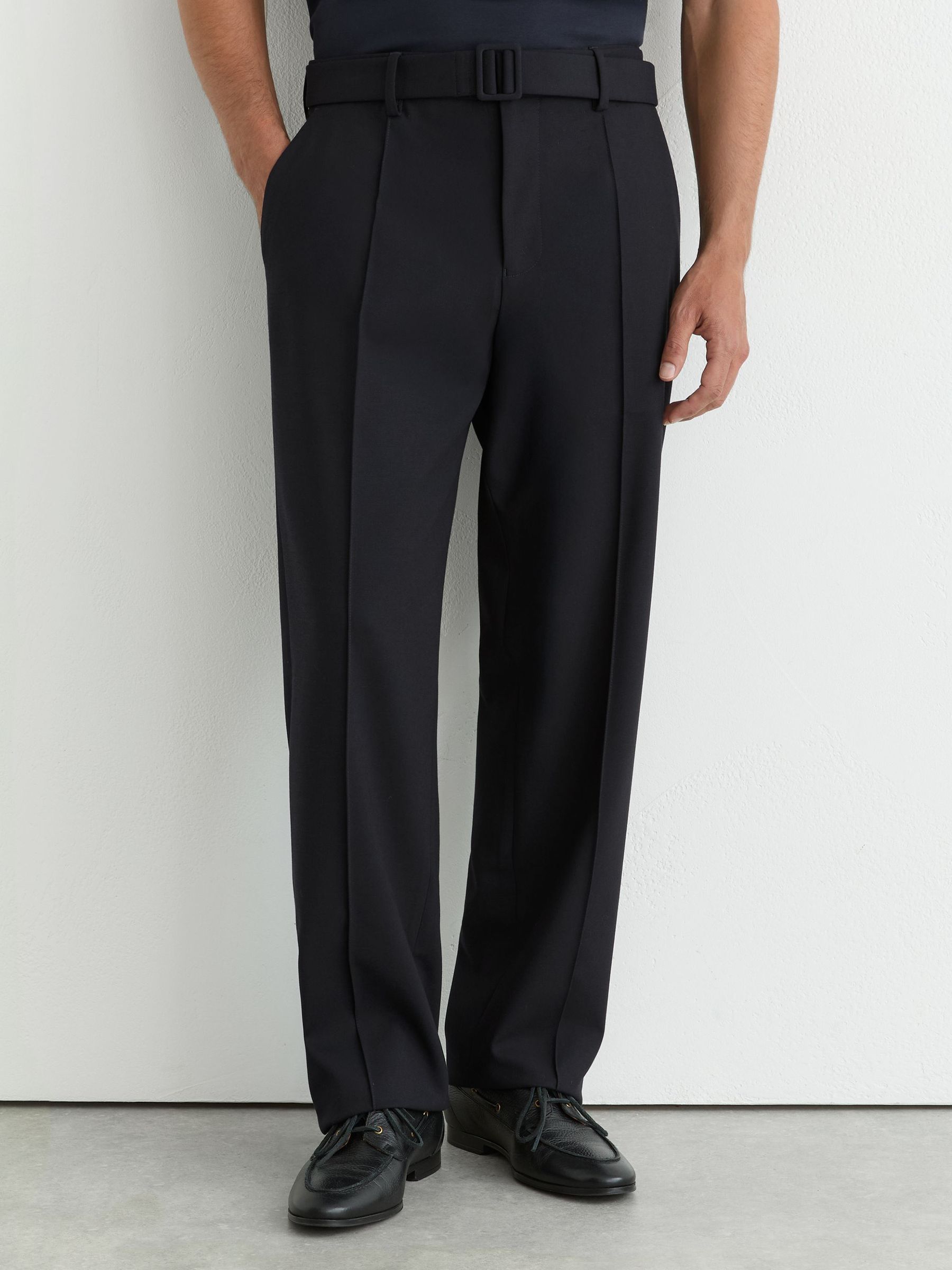 Relaxed-Fit Belted Pintuck Trousers in Navy - Image 1 of 7