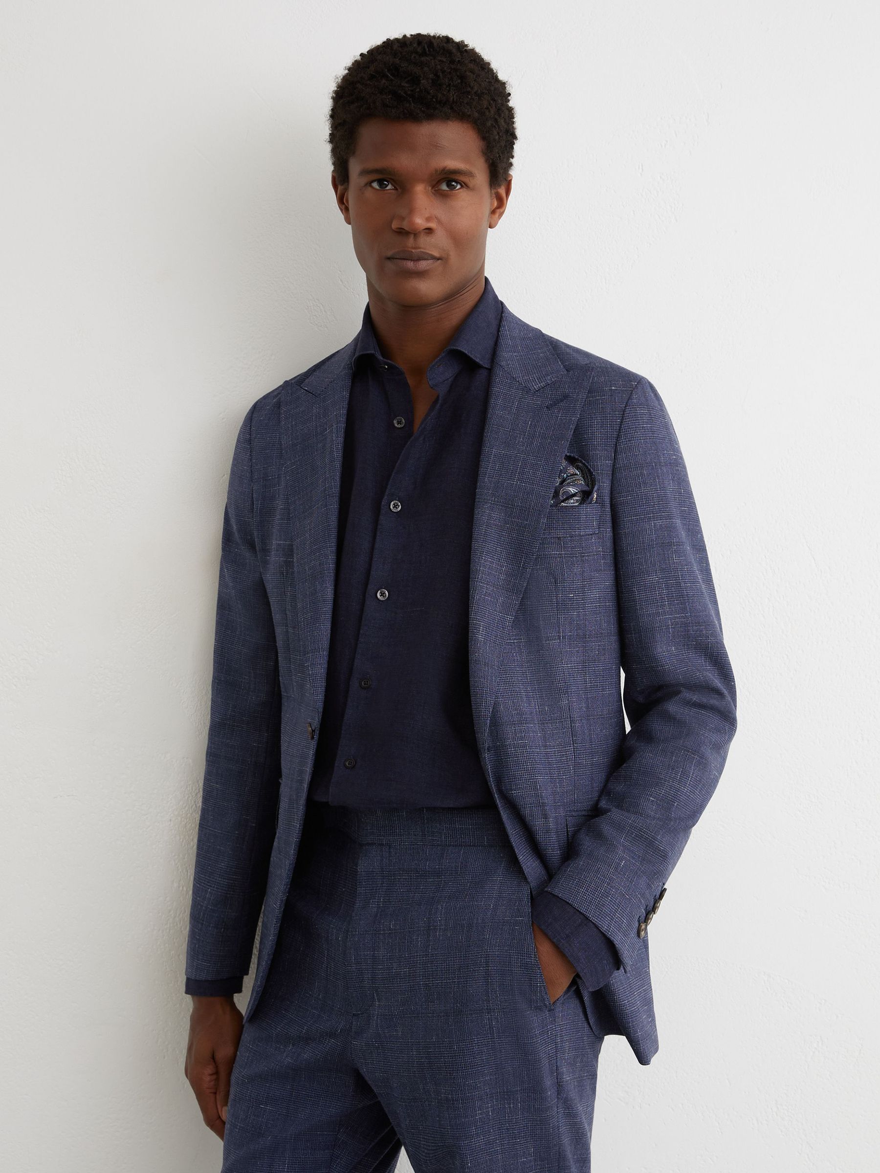 Wool-Blend Check Single-Breasted Suit Blazer Classic-Fit in Navy - Image 1 of 8