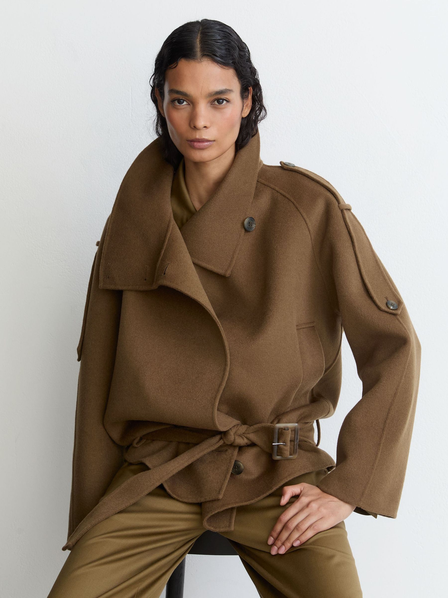 Wool-Blend Funnel-Neck Blindseam Coat in Khaki Green - Image 4 of 10