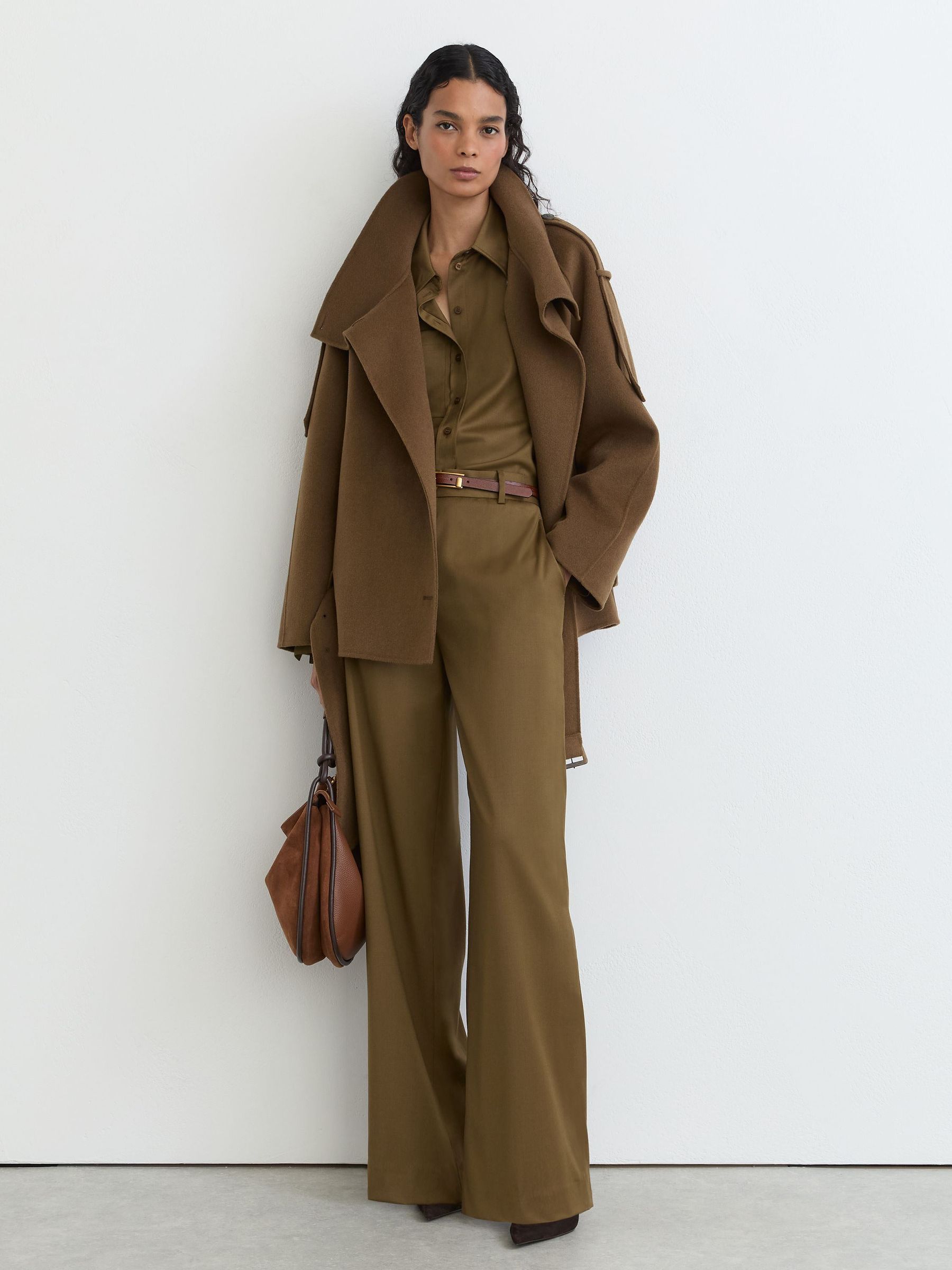 Wool-Blend Funnel-Neck Blindseam Coat in Khaki Green - Image 5 of 10