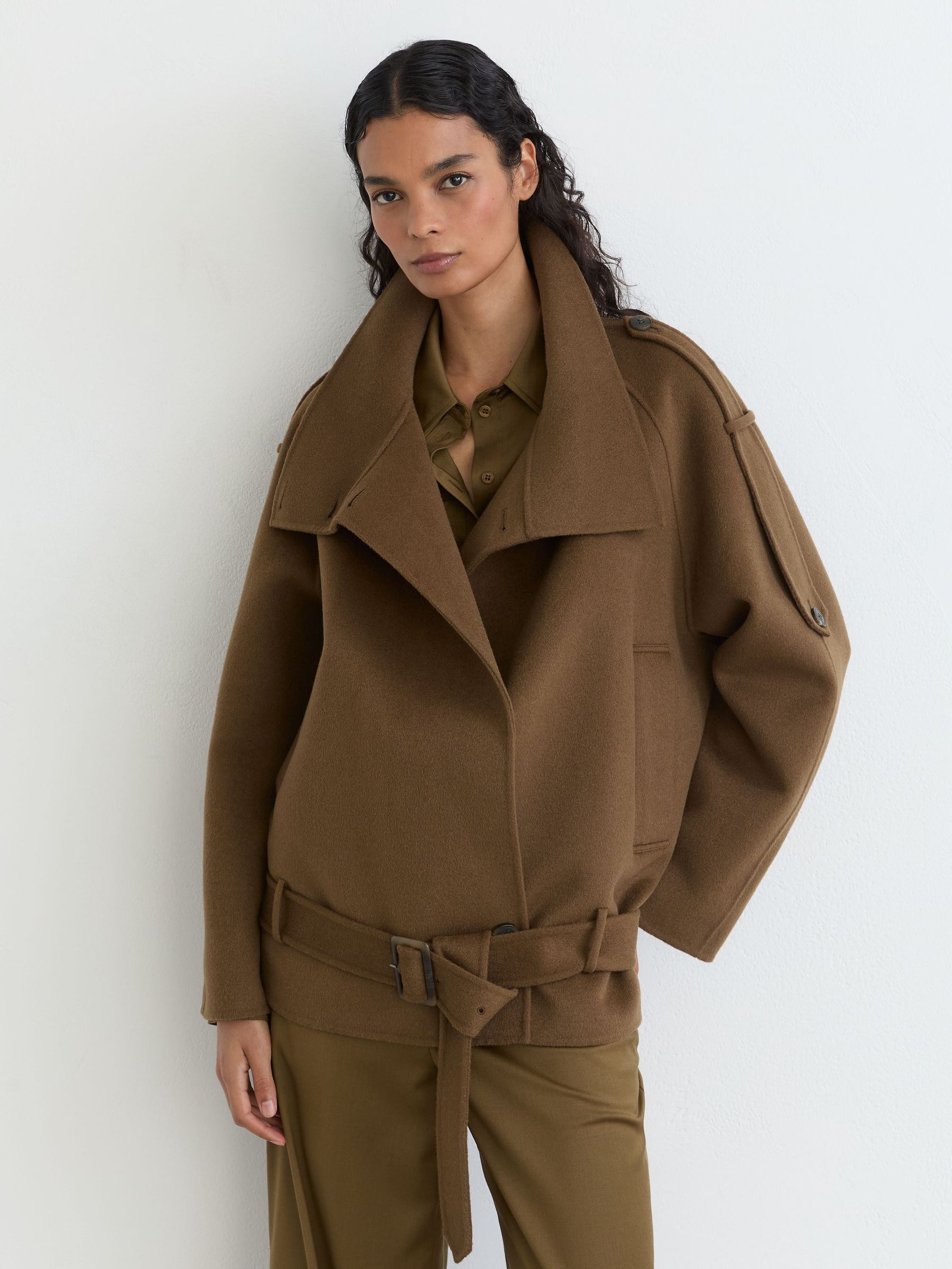 Wool-Blend Funnel-Neck Blindseam Coat in Khaki Green - Image 7 of 10