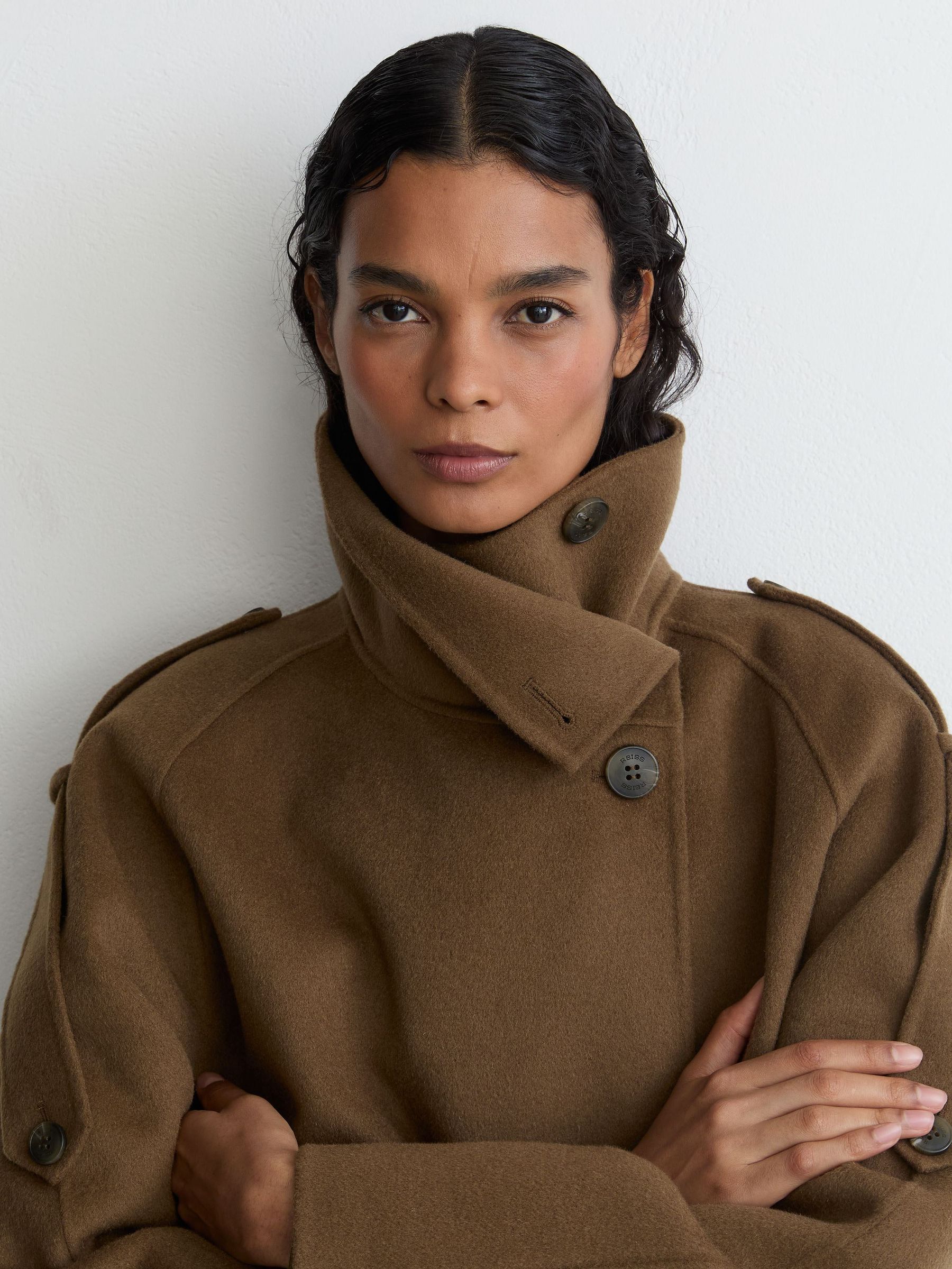 Wool-Blend Funnel-Neck Blindseam Coat in Khaki Green - Image 9 of 10