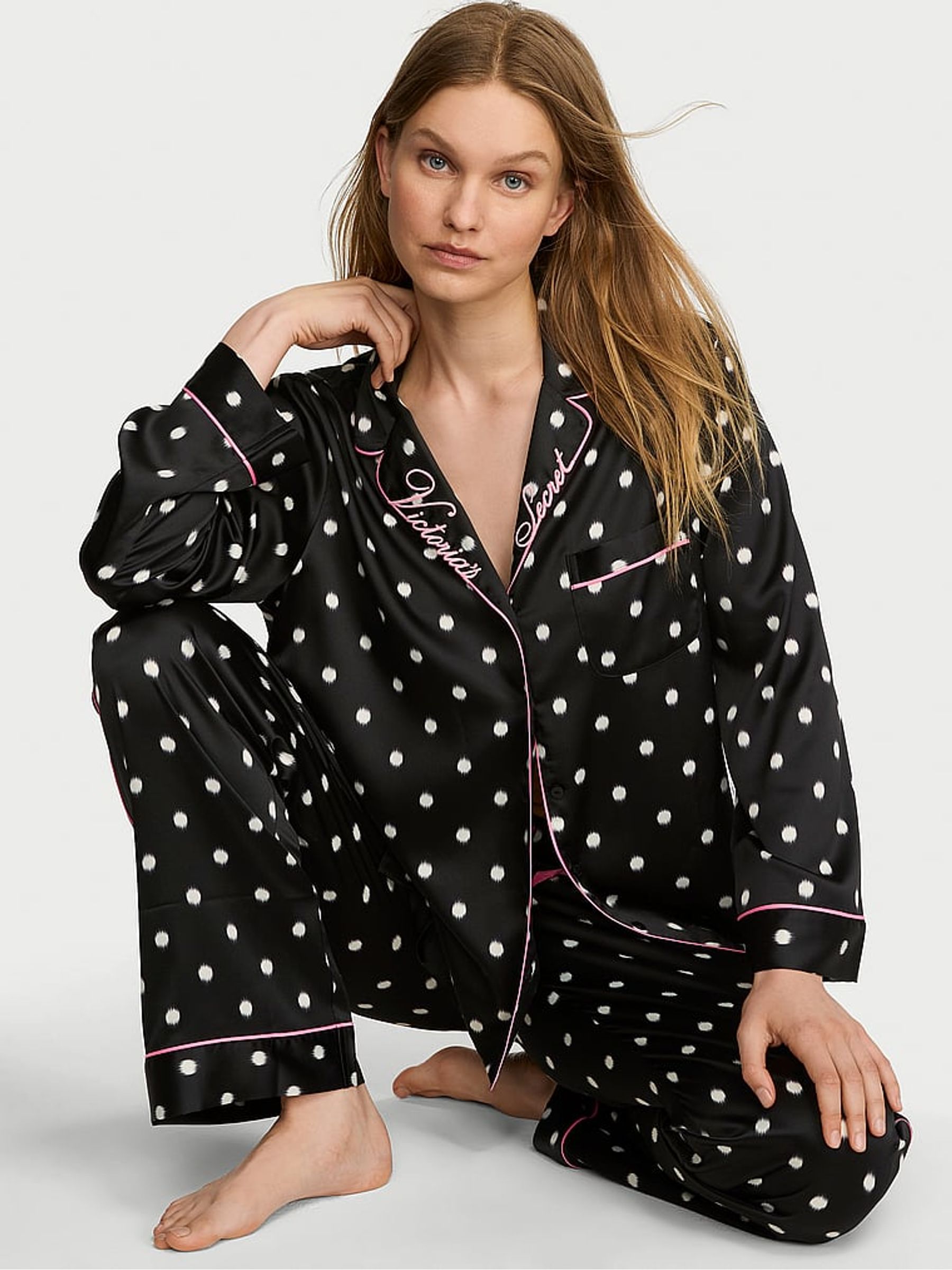 Black Polka Dot Satin Long Pyjamas Set - Image 1 of 3 Black Polka Dot Satin Long Pyjamas Set - Image 1 of 3
