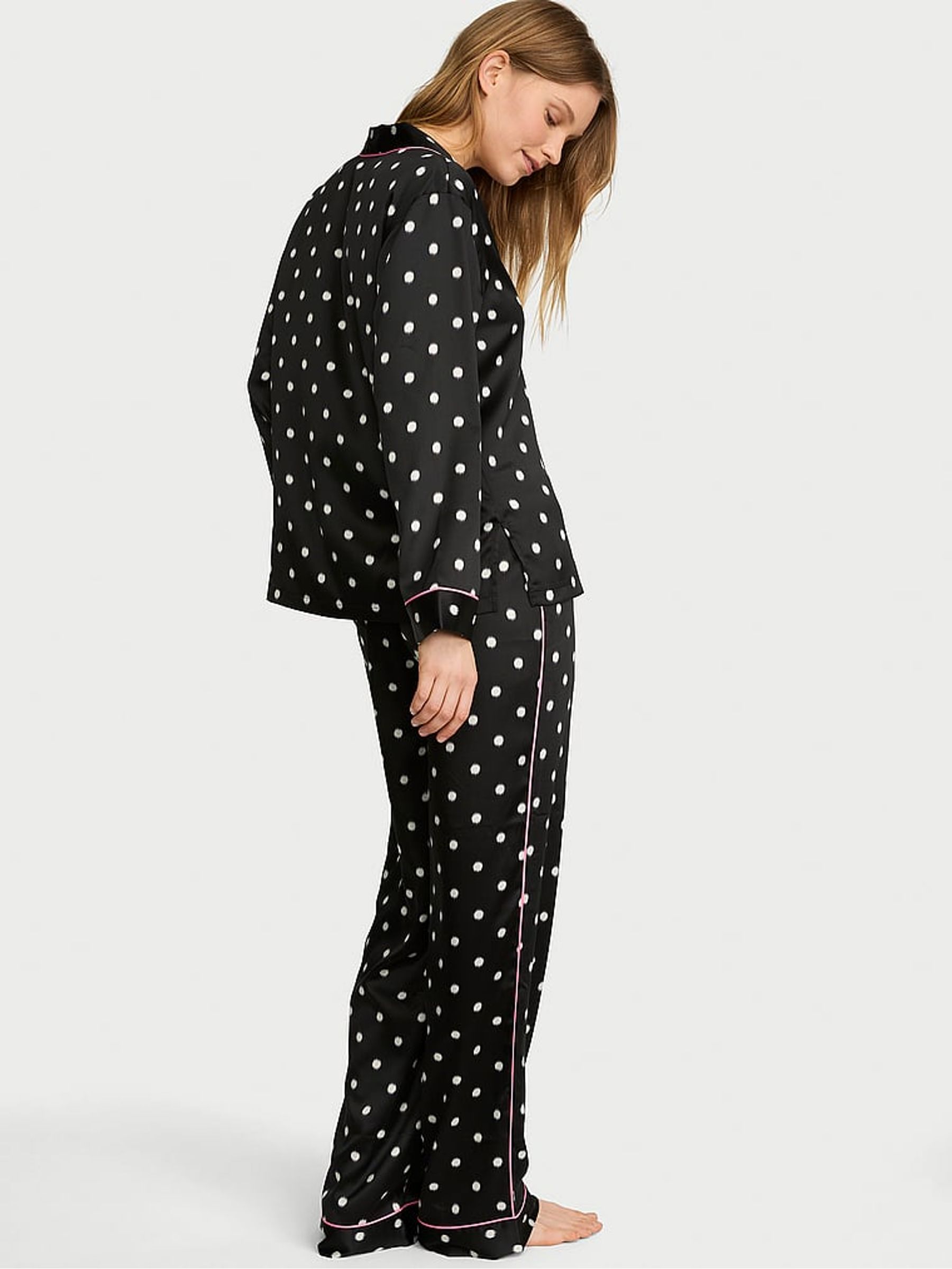 Black Polka Dot Satin Long Pyjamas Set - Image 2 of 3