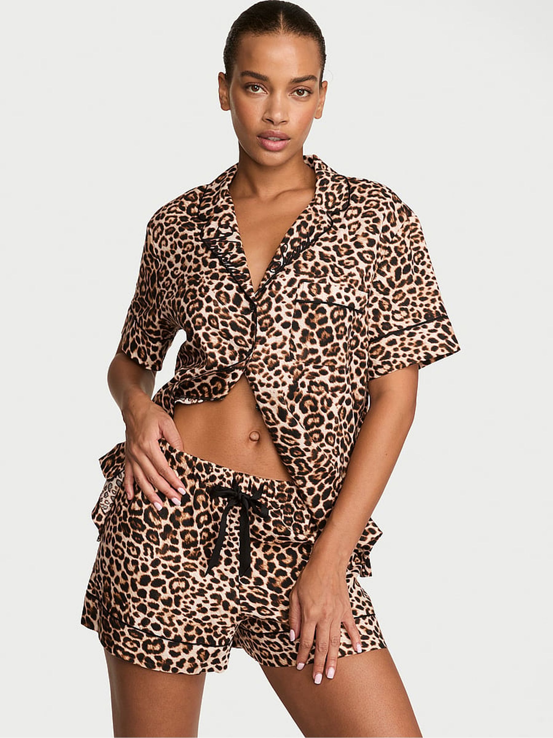 Leopard Brown Flannel Shorts Pyjama Set - Image 1 of 2