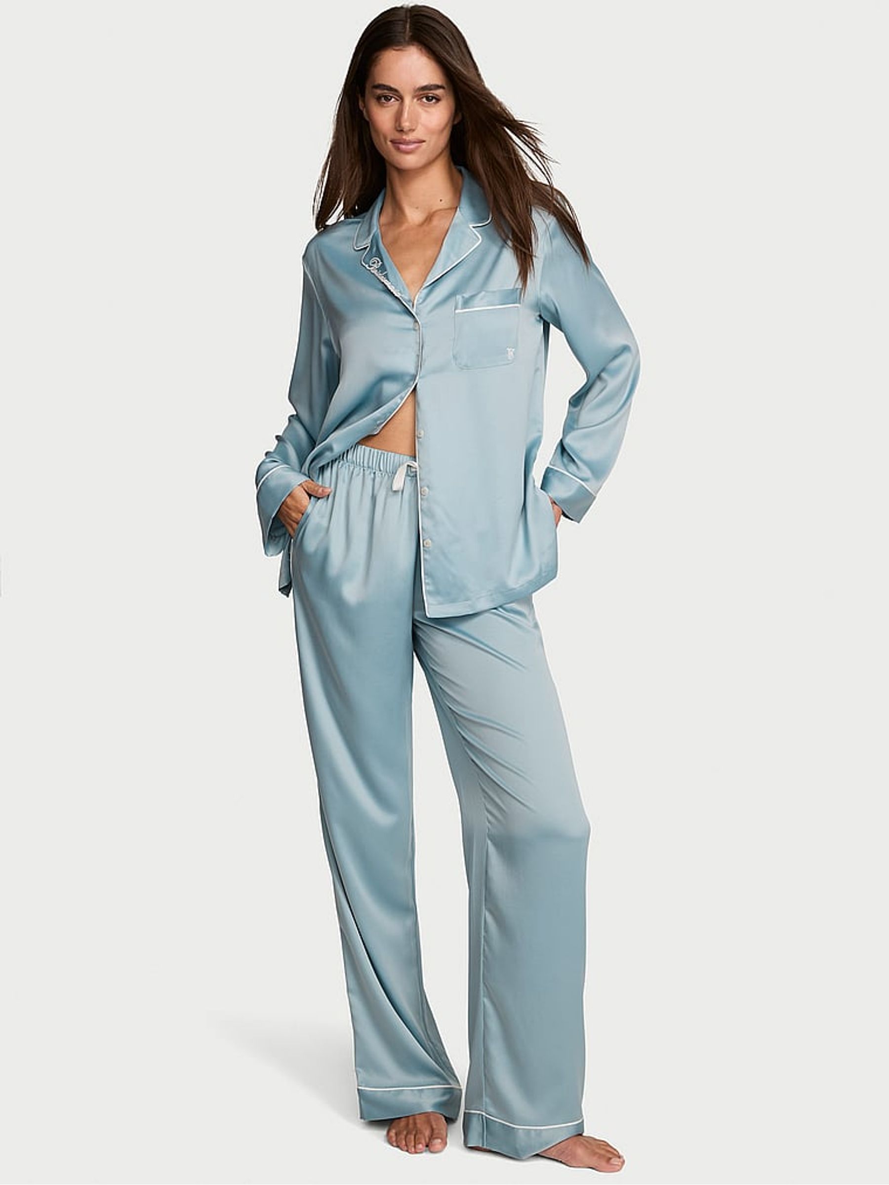 Hope Grey Bridesmaid Satin Long Pyjamas Set - Image 1 of 3