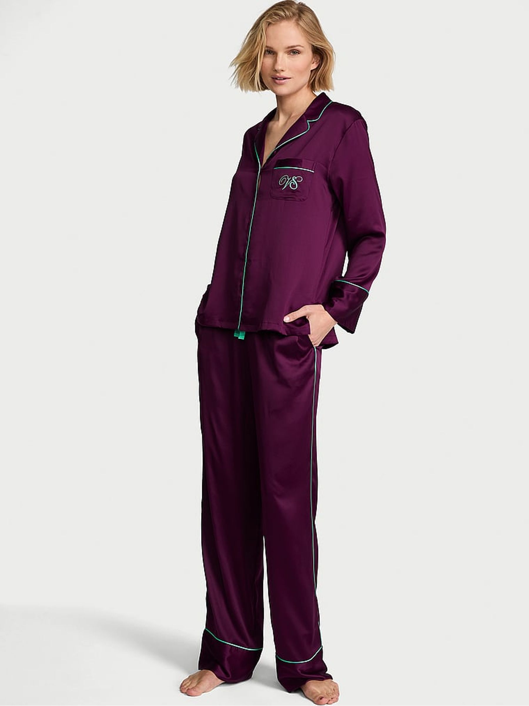 Party On Purple Satin Long Pyjamas Set - Image 1 of 3 Party On Purple Satin Long Pyjamas Set - Image 1 of 3