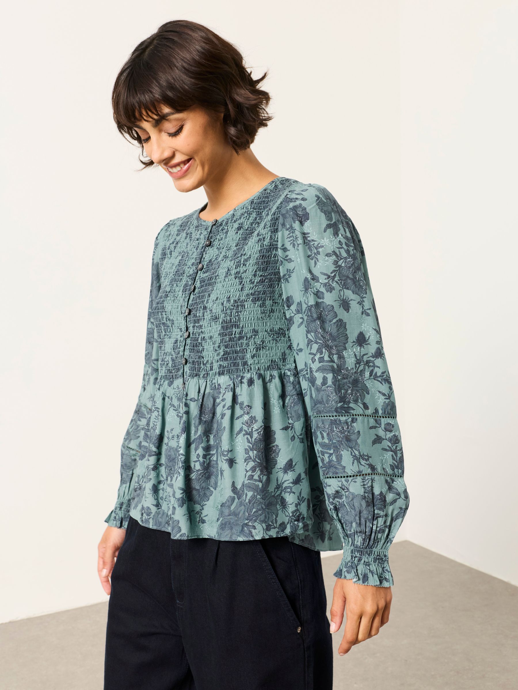 Riri Teal Blue Trailing Rose Blouse - Image 1 of 8