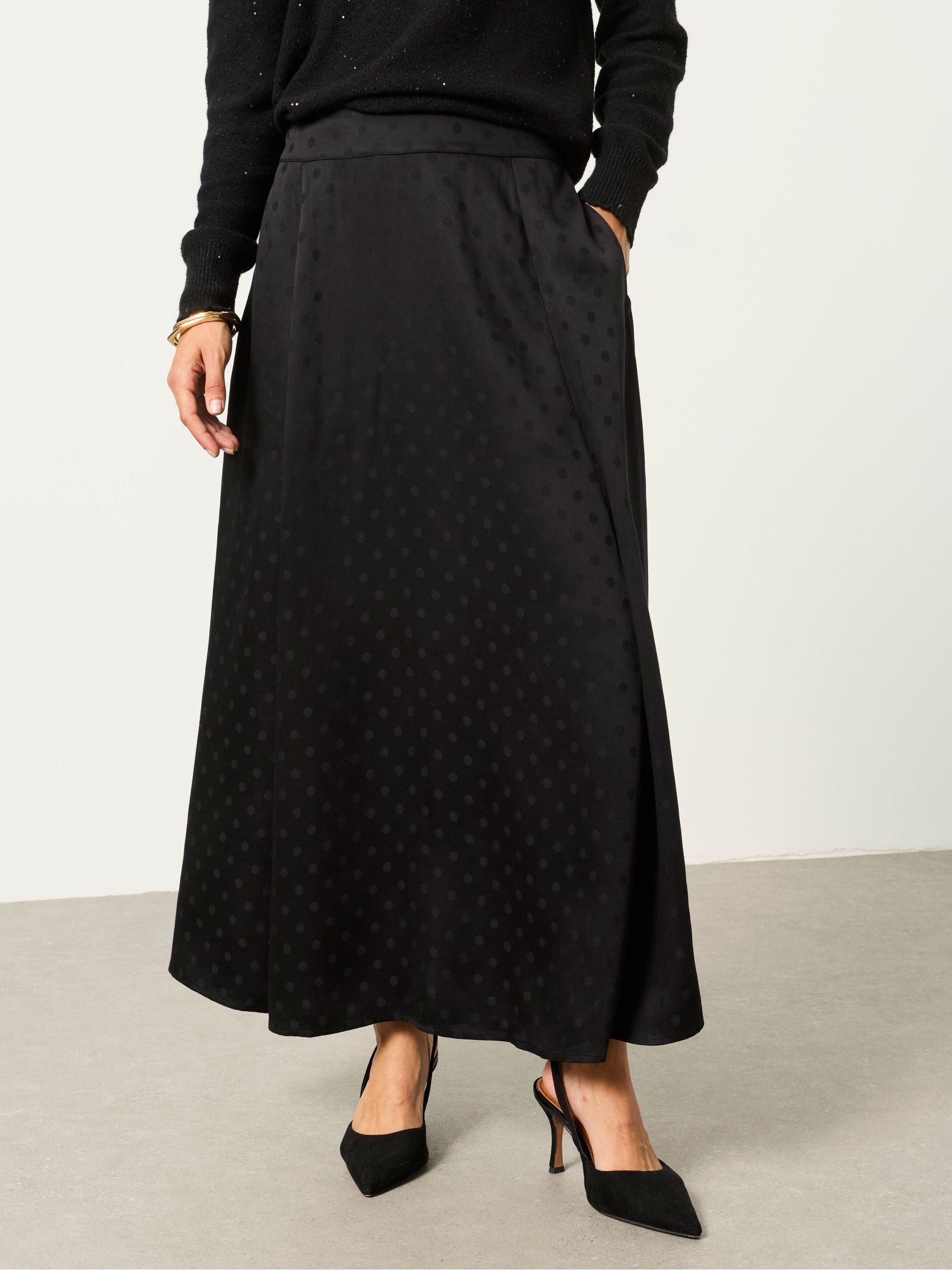 Black Sadie Polka Dot Midi Skirt - Image 1 of 6 Black Sadie Polka Dot Midi Skirt - Image 1 of 6